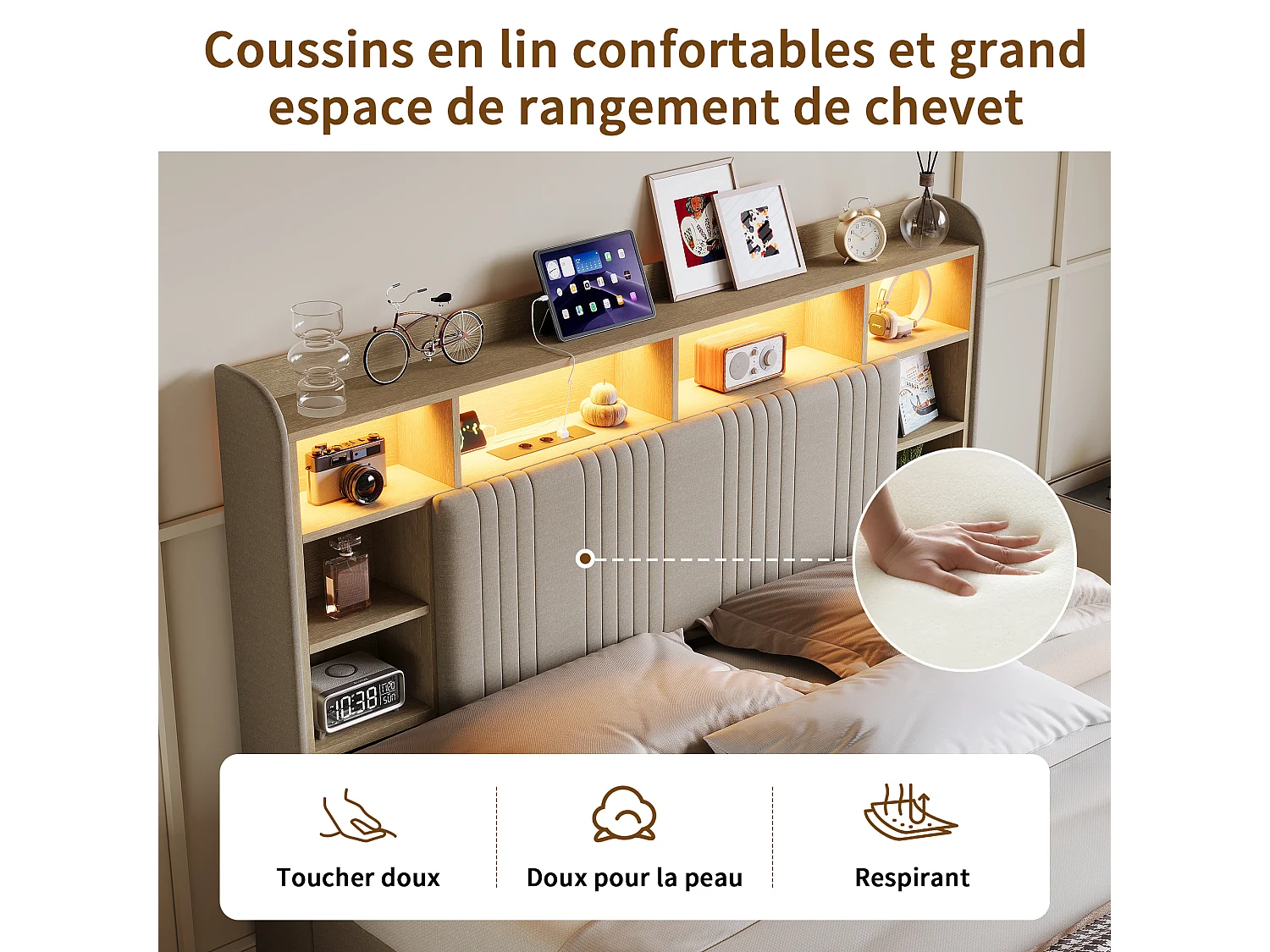 Lit 140x200 cm - avec 4 tiroirs - chargement USB et Type-C - éclairage LED - tables de chevet avec rangement - cloisons ouvertes - sommier à lattes - Beige