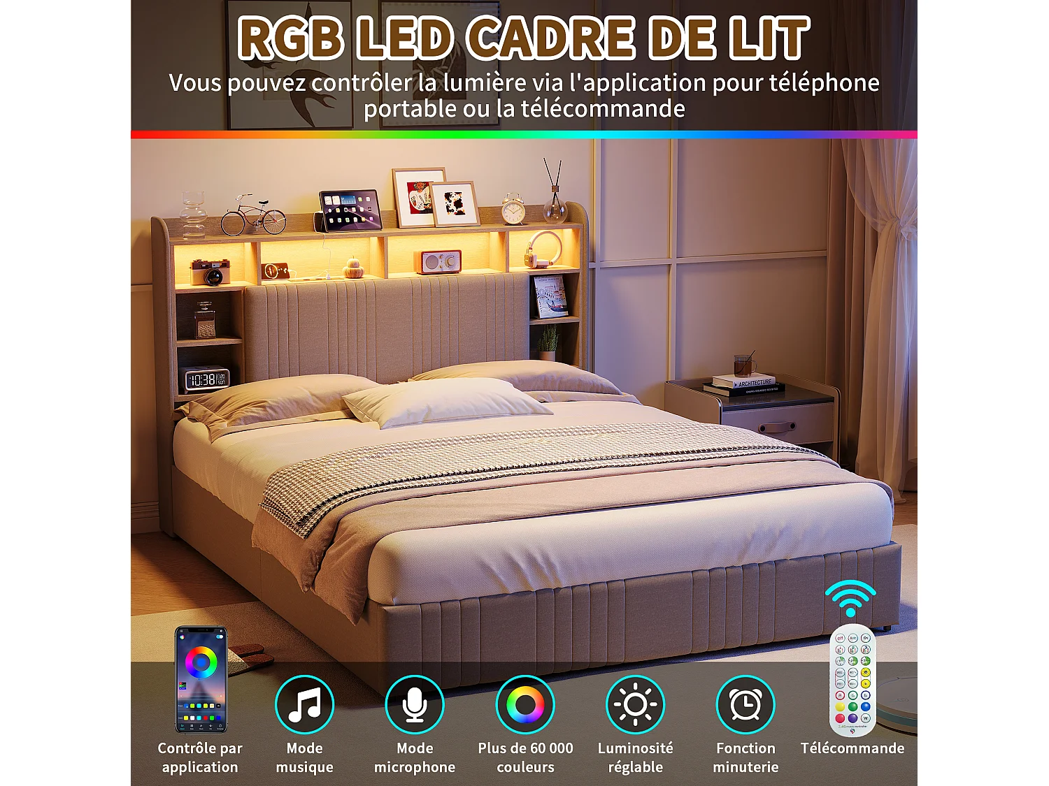 Lit 140x200 cm - avec 4 tiroirs - chargement USB et Type-C - éclairage LED - tables de chevet avec rangement - cloisons ouvertes - sommier à lattes - Beige