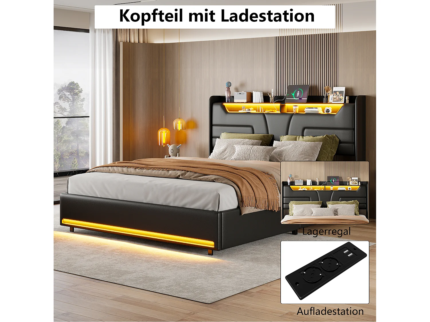 Lit rembourré 140×200 cm avec LED, prises USB/secteur, sommier à lattes et rangement – Similicuir noir, moderne