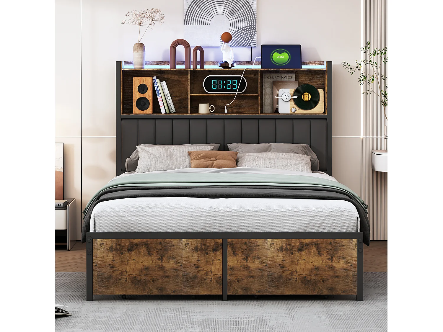 Lit double 140×200 cm avec LED, cadre métal, 2 tiroirs et tête avec rangement – Sommier à lattes