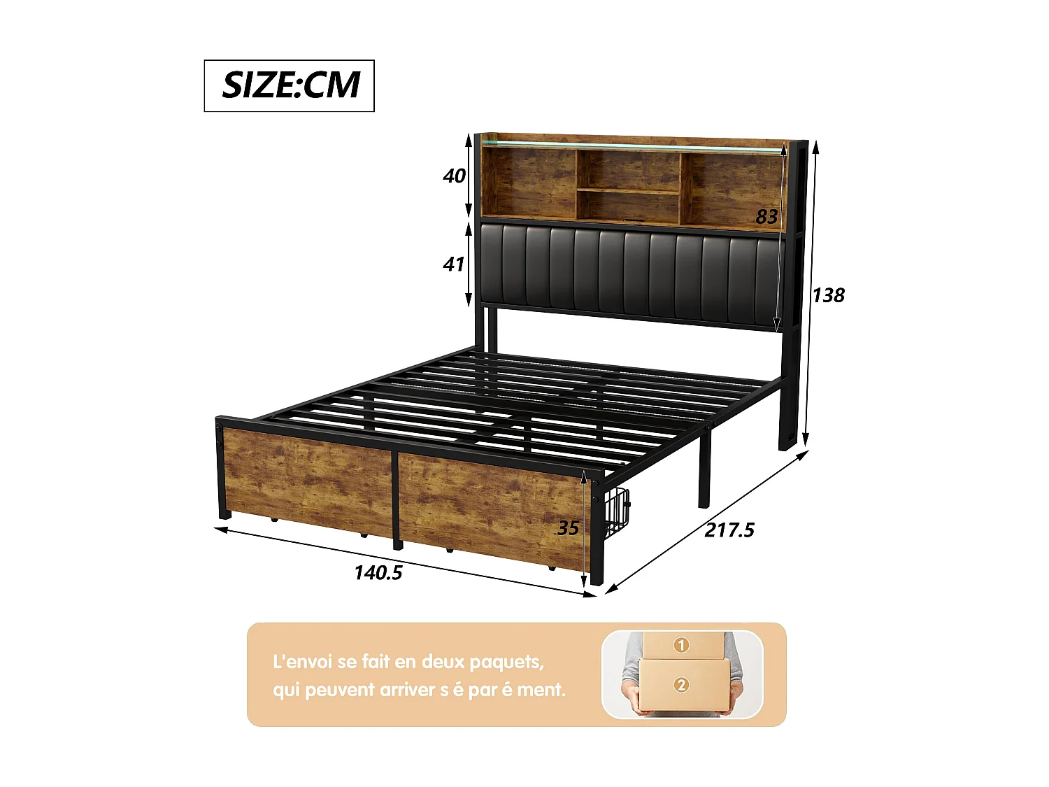 Lit double 140×200 cm avec LED, cadre métal, 2 tiroirs et tête avec rangement – Sommier à lattes