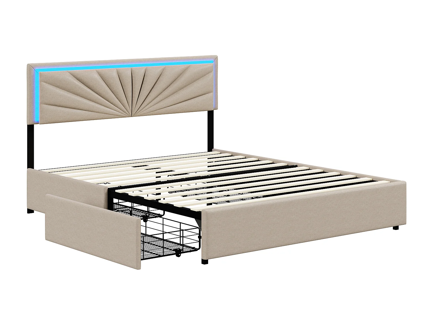 Gestoffeerd tweepersoonsbed 160×200 cm met ledverlichting en 4 lades – Lattenbodem, beige linnen