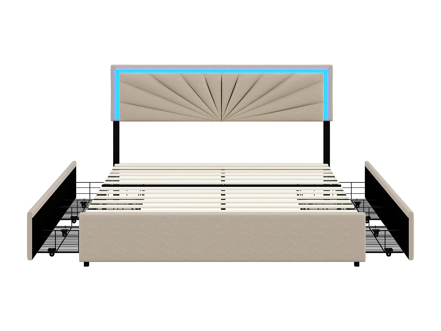 Gestoffeerd tweepersoonsbed 160×200 cm met ledverlichting en 4 lades – Lattenbodem, beige linnen