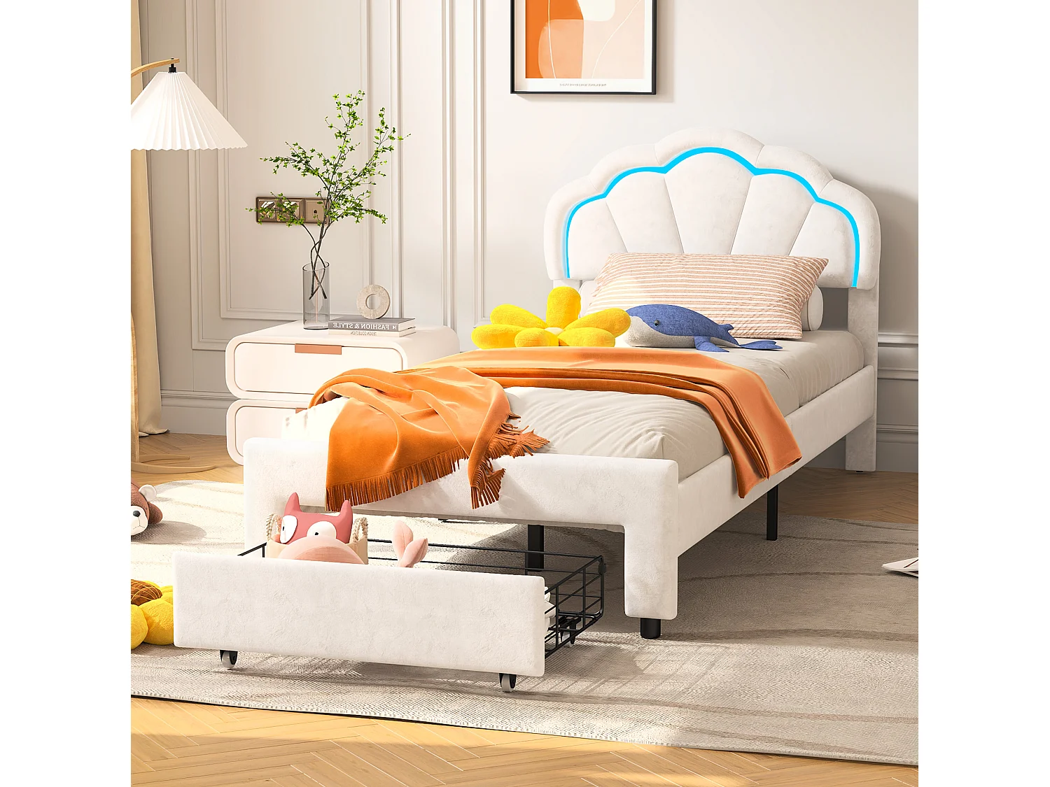 Lit simple 90x200 cm avec éclairage LED – Tiroir de rangement – Tête de lit fleur en velours – Sommier à lattes en bois – Blanc