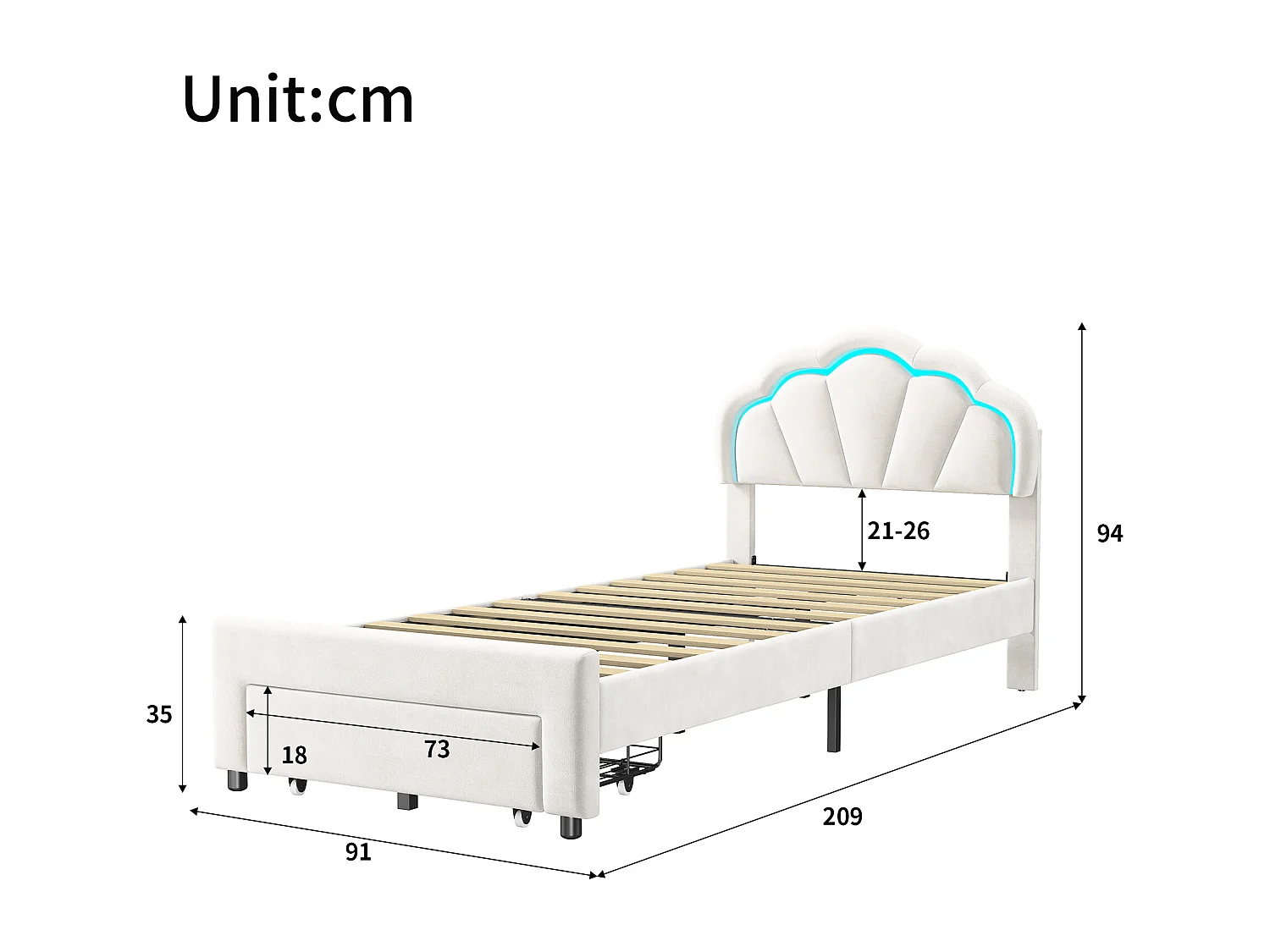 Lit simple 90x200 cm avec éclairage LED – Tiroir de rangement – Tête de lit fleur en velours – Sommier à lattes en bois – Blanc