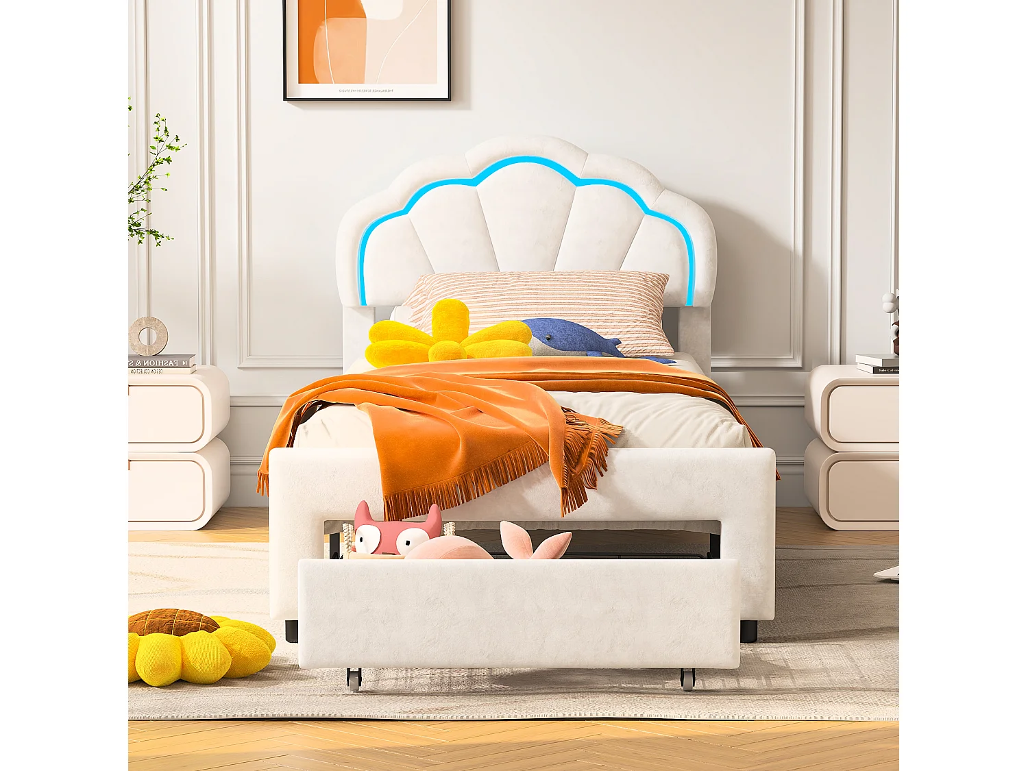 Lit simple 90x200 cm avec éclairage LED – Tiroir de rangement – Tête de lit fleur en velours – Sommier à lattes en bois – Blanc