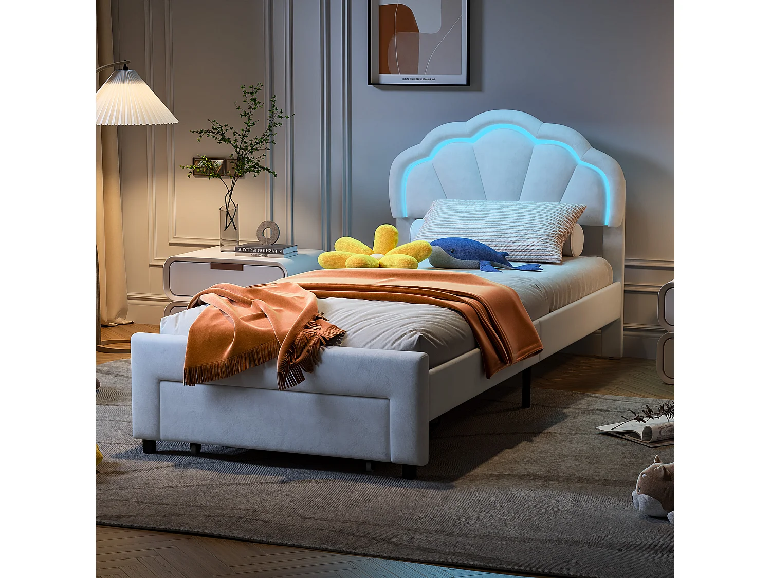 Lit simple 90x200 cm avec éclairage LED – Tiroir de rangement – Tête de lit fleur en velours – Sommier à lattes en bois – Blanc