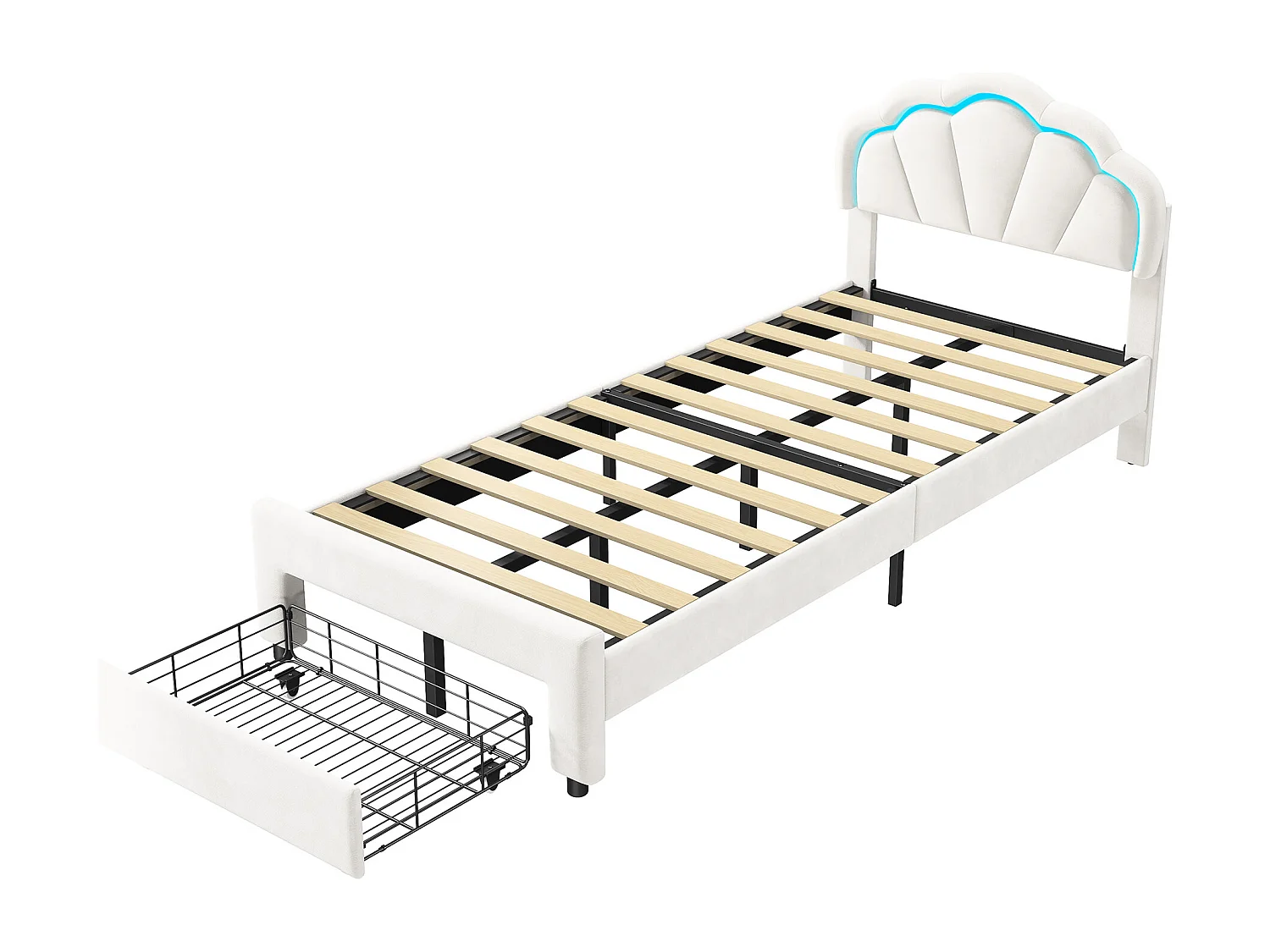 Lit simple 90x200 cm avec éclairage LED – Tiroir de rangement – Tête de lit fleur en velours – Sommier à lattes en bois – Blanc