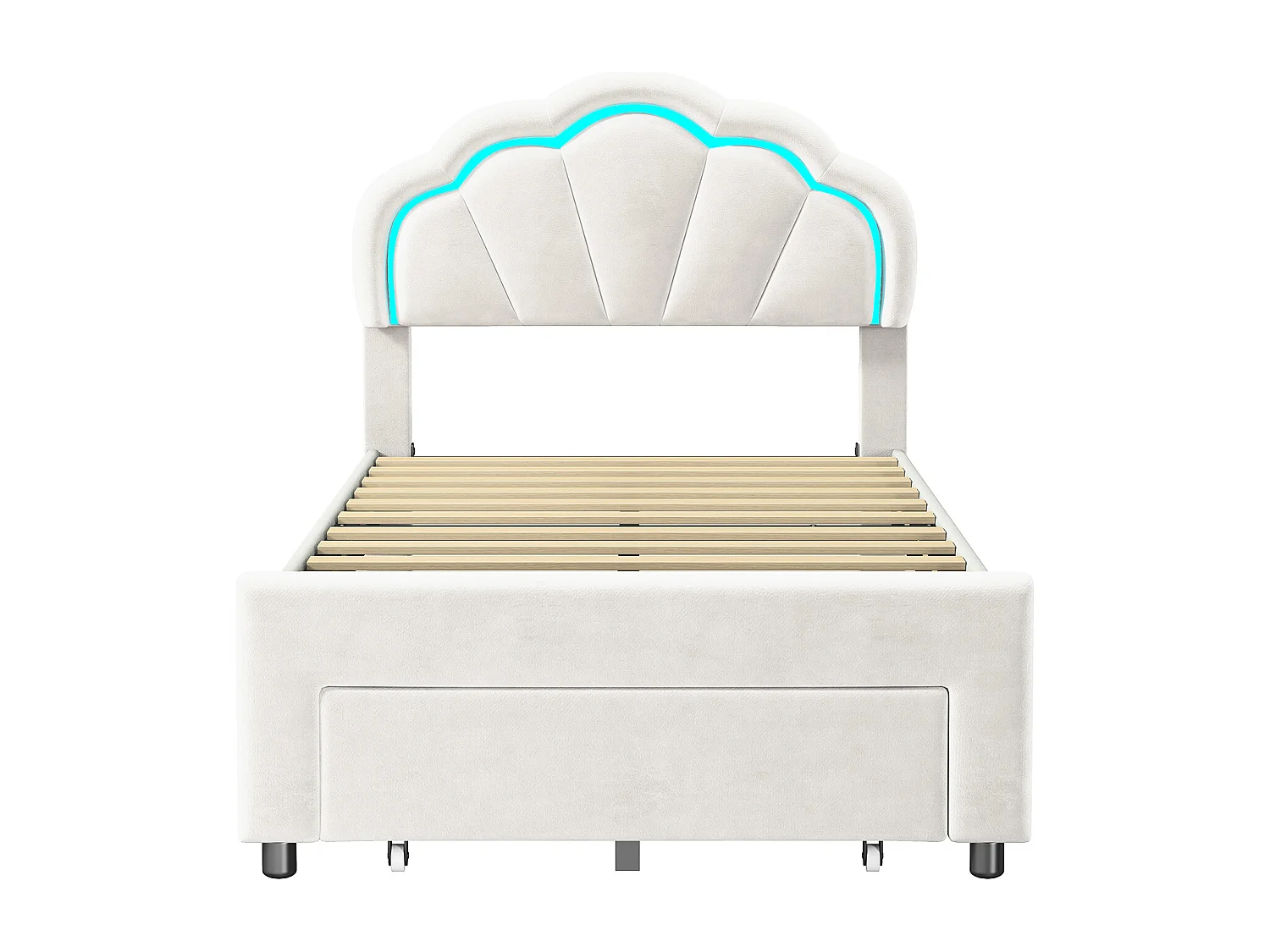 Lit simple 90x200 cm avec éclairage LED – Tiroir de rangement – Tête de lit fleur en velours – Sommier à lattes en bois – Blanc