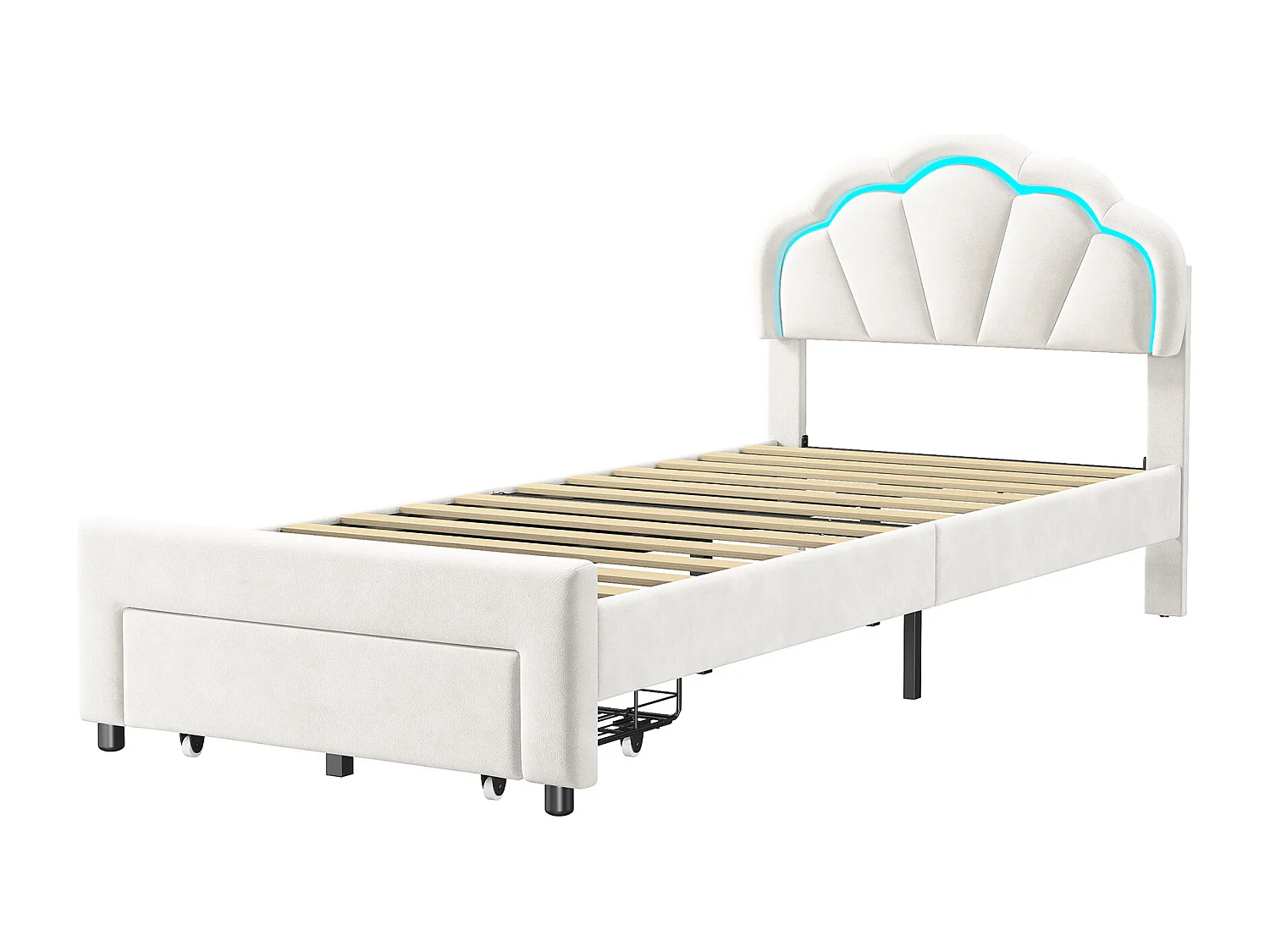 Lit simple 90x200 cm avec éclairage LED – Tiroir de rangement – Tête de lit fleur en velours – Sommier à lattes en bois – Blanc