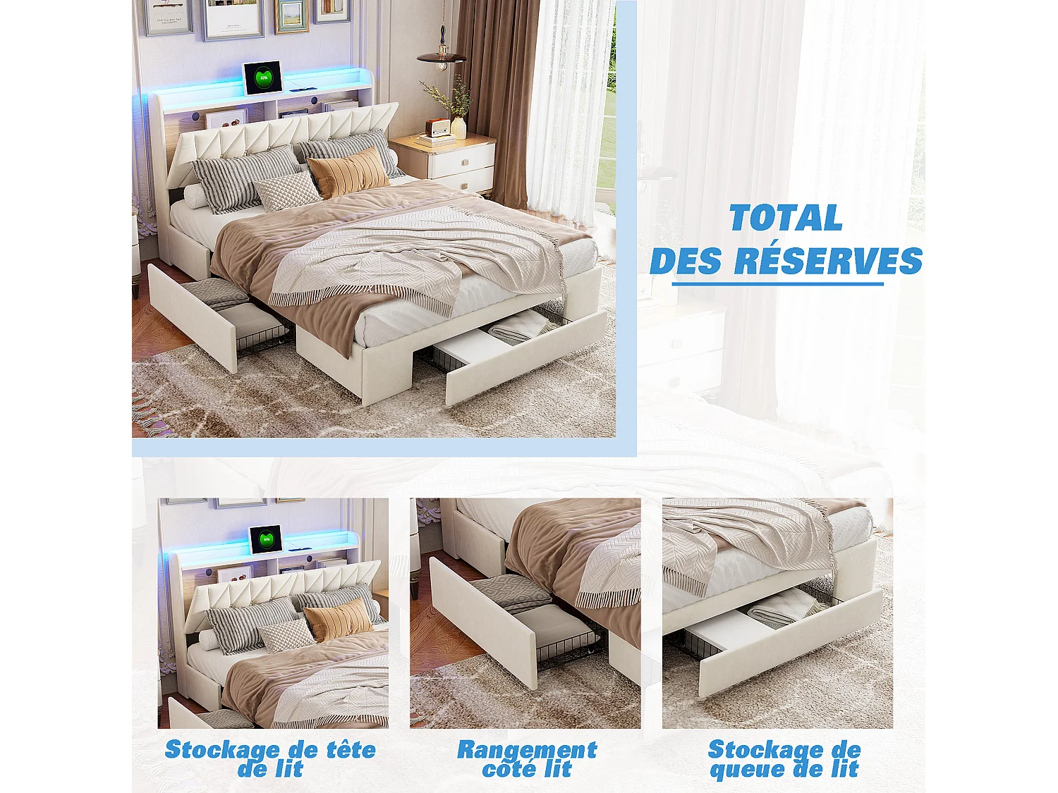 Lit 160×200 cm avec LED, USB/Type-C et 3 tiroirs – Tête de lit et sommier, velours beige
