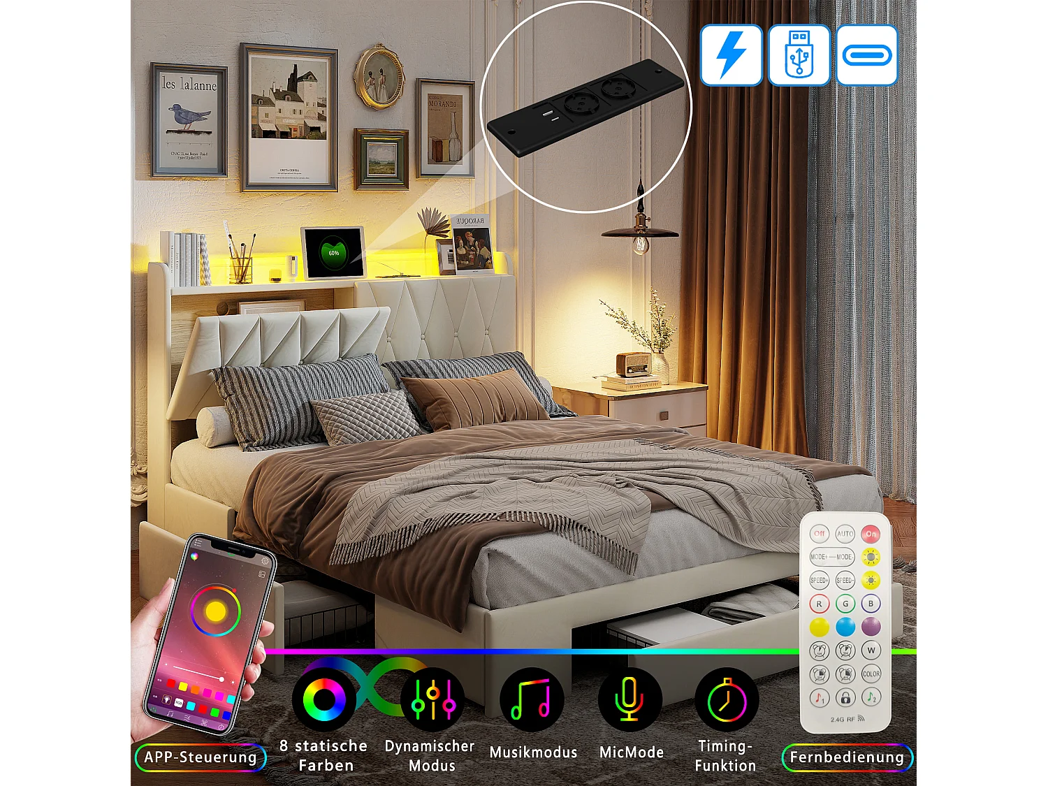 Lit 160×200 cm avec LED, USB/Type-C et 3 tiroirs – Tête de lit et sommier, velours beige