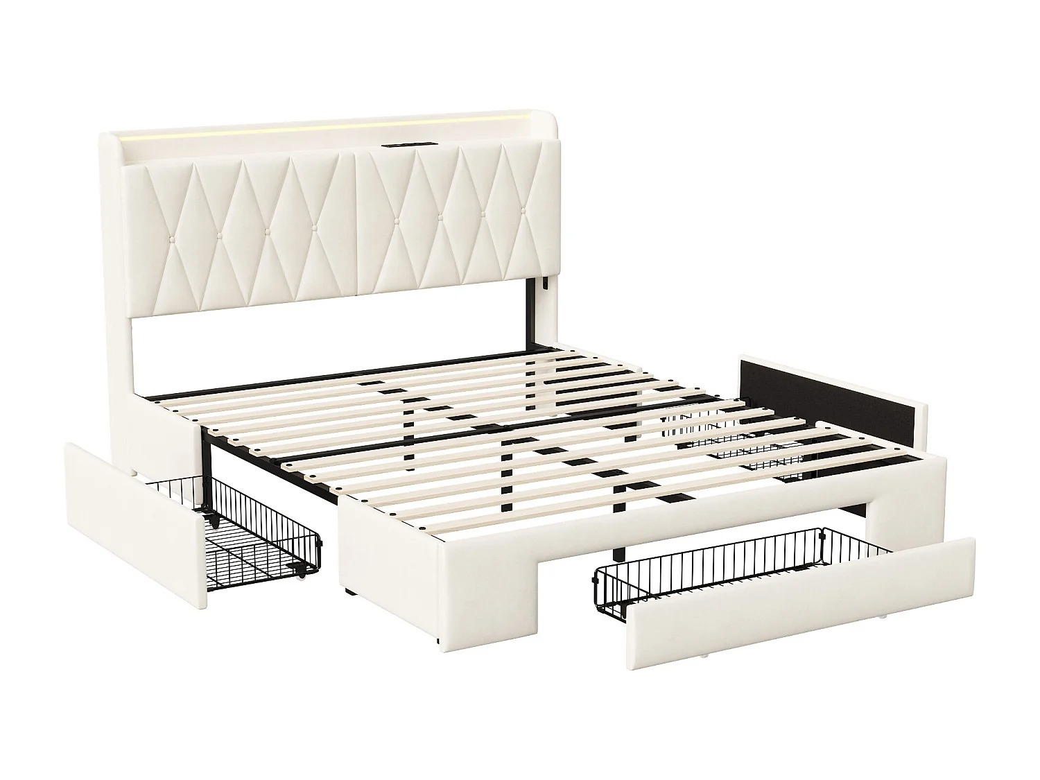 Lit 160×200 cm avec LED, USB/Type-C et 3 tiroirs – Tête de lit et sommier, velours beige