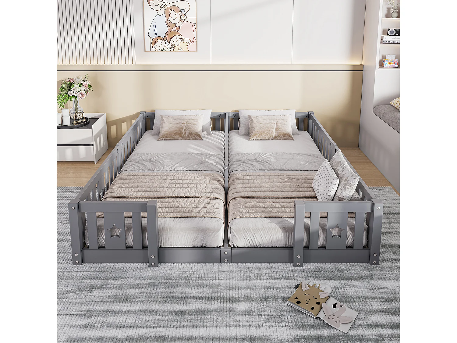 Lit Double 180x200 cm, pour Enfant en Bois Massif de Pin, Lit à Barreaux Étoiles, Lit Caban, avec Protection Anti-Chute et Sommier à Lattes - Gris