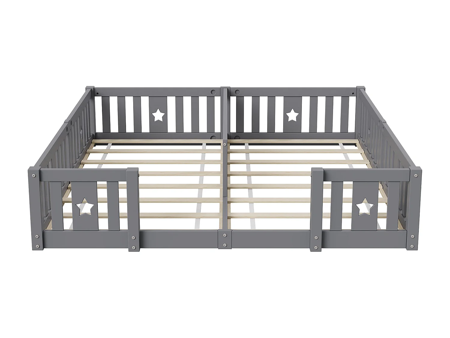 Lit Double 180x200 cm, pour Enfant en Bois Massif de Pin, Lit à Barreaux Étoiles, Lit Caban, avec Protection Anti-Chute et Sommier à Lattes - Gris