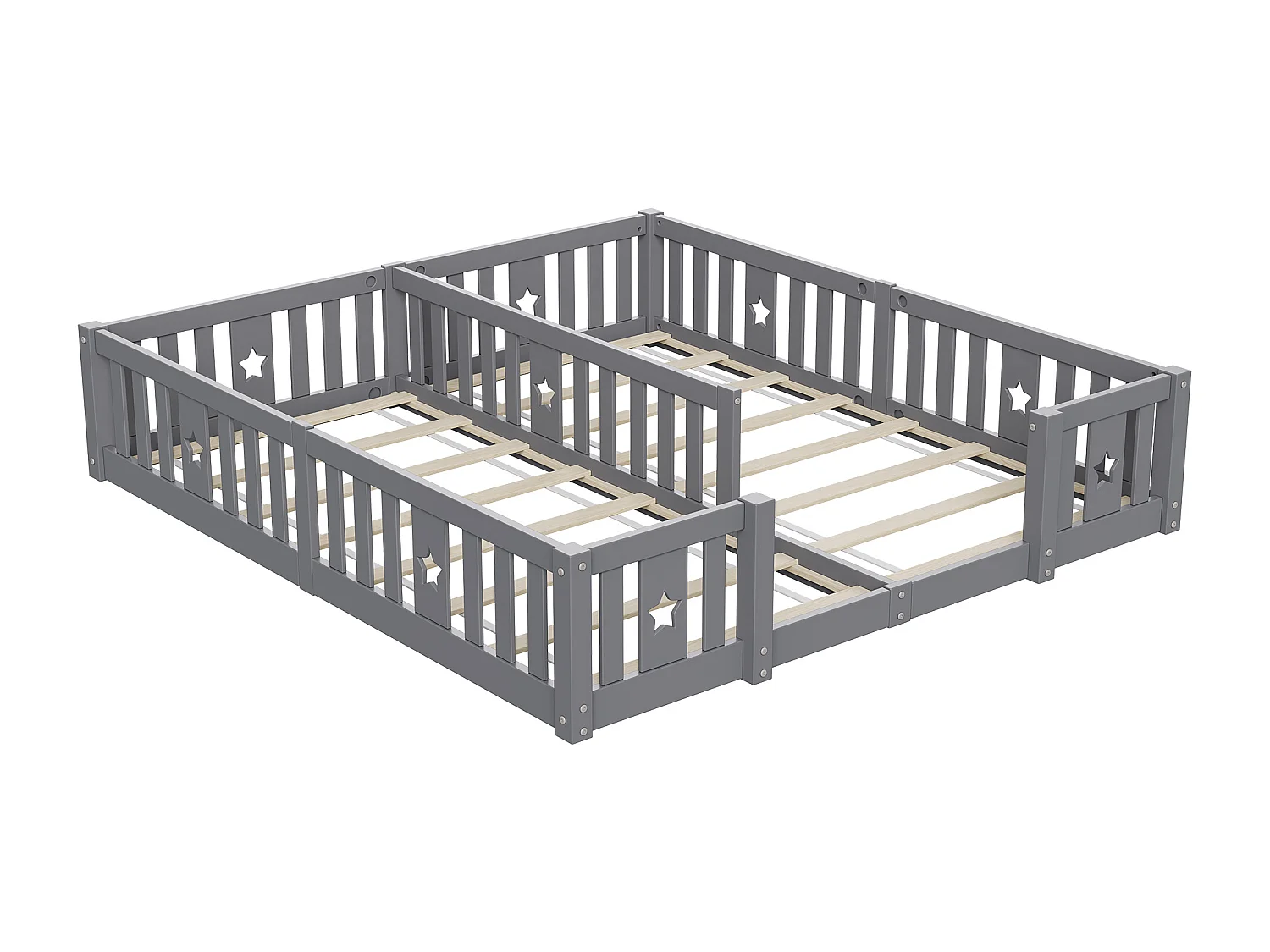 Lit Double 180x200 cm, pour Enfant en Bois Massif de Pin, Lit à Barreaux Étoiles, Lit Caban, avec Protection Anti-Chute et Sommier à Lattes - Gris