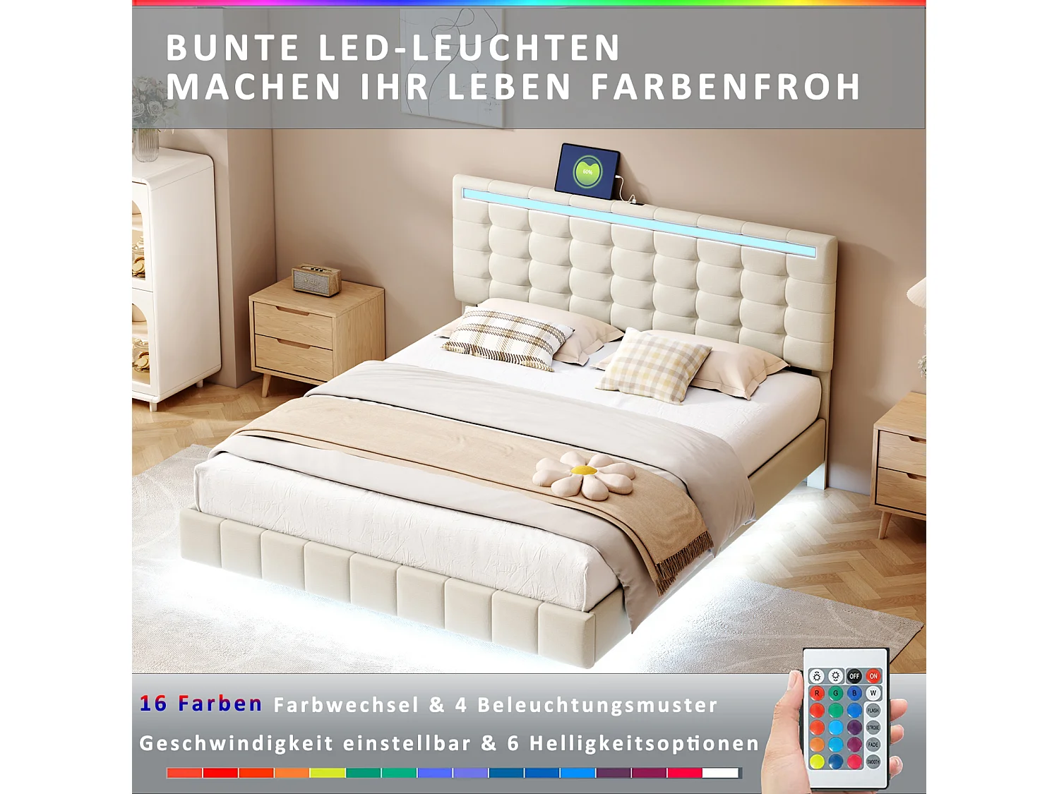Lit 160 X 200 Cm-Avec Tête De Lit Réglable-Éclairage LED-En Lin-Beige