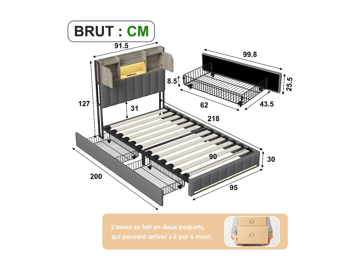 Lit double 90x200 cm - avec 4 tiroirs - chargement USB - éclairage LED - tables de chevet avec rangement - cloisons ouvertes - sommier à lattes - Gris