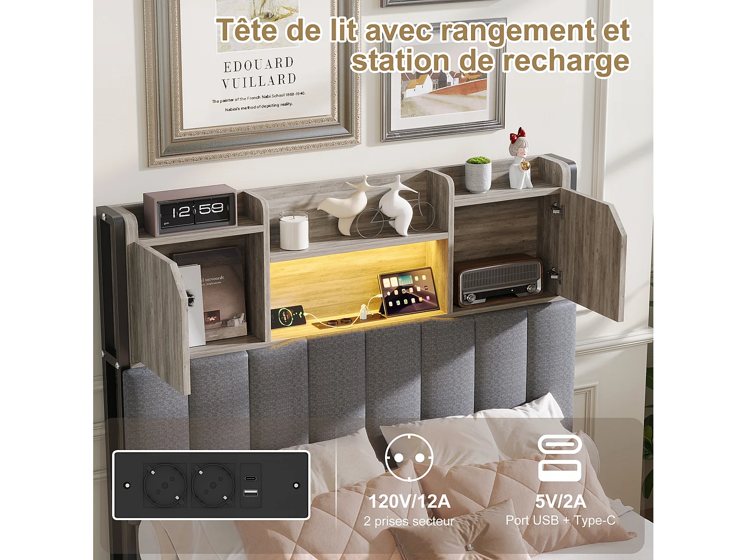 Lit double 90x200 cm - avec 4 tiroirs - chargement USB - éclairage LED - tables de chevet avec rangement - cloisons ouvertes - sommier à lattes - Gris