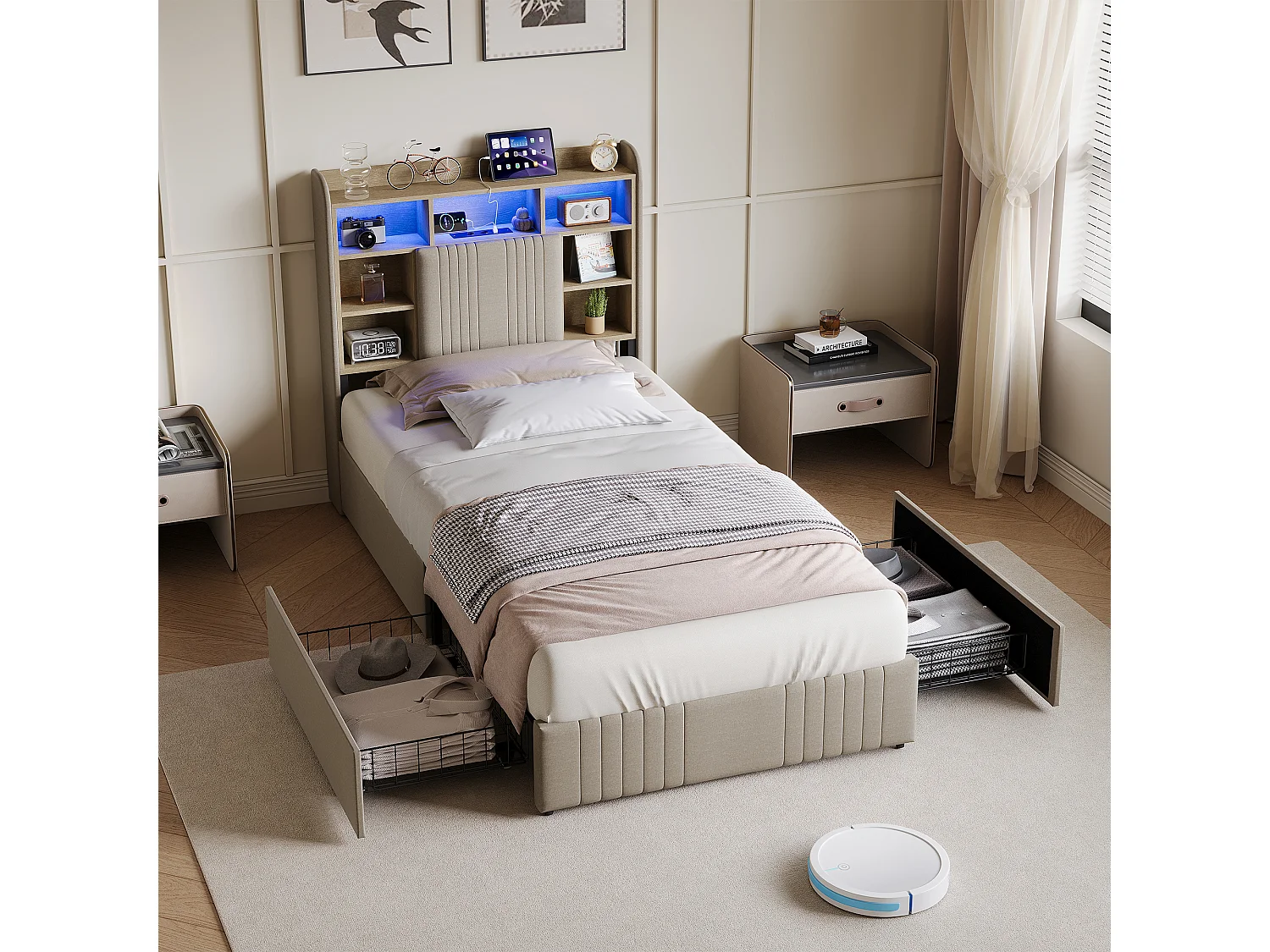 Lit 90x200 cm - avec 2 tiroirs - chargement USB et Type-C - éclairage LED - tables de chevet avec rangement - cloisons ouvertes - sommier à lattes - Beige