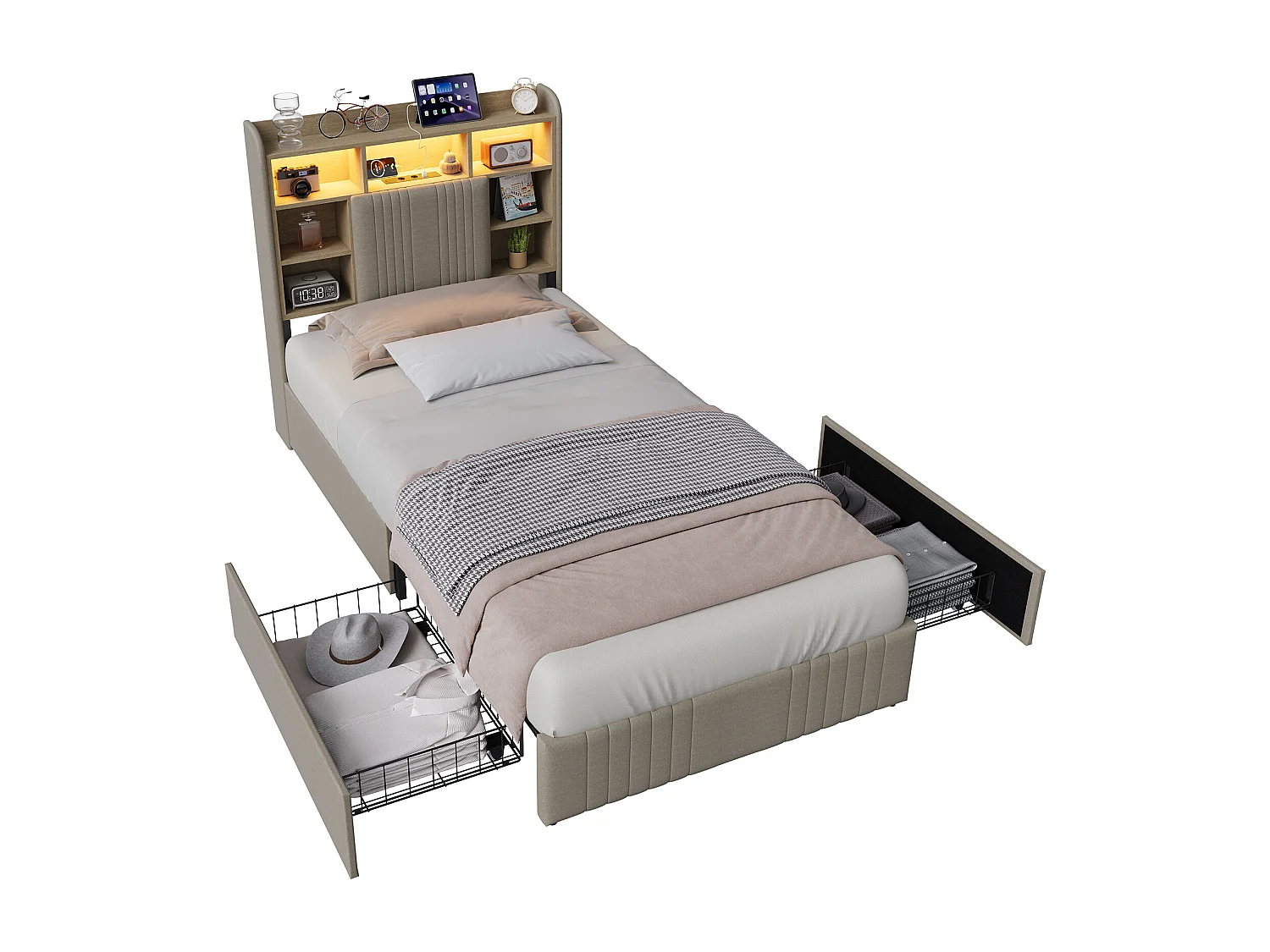 Lit 90x200 cm - avec 2 tiroirs - chargement USB et Type-C - éclairage LED - tables de chevet avec rangement - cloisons ouvertes - sommier à lattes - Beige