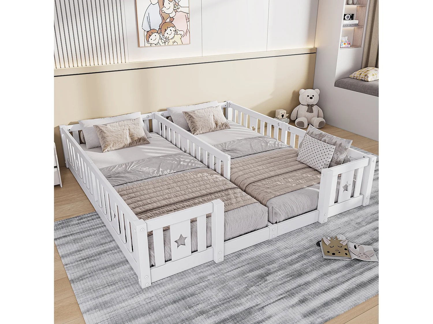 Lit Double 180x200 cm, pour Enfant en Bois Massif de Pin, Lit à Barreaux Étoiles, Lit Cabane, avec Protection Anti-Chute - Blanc