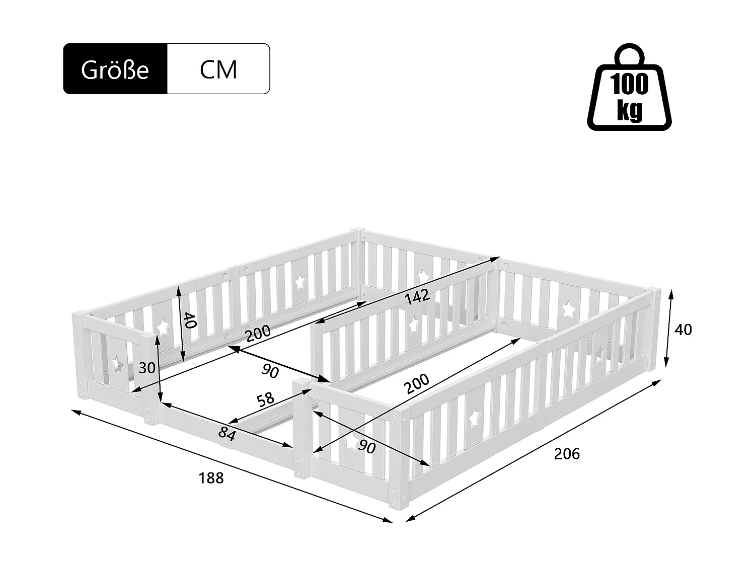 Lit Double 180x200 cm, pour Enfant en Bois Massif de Pin, Lit à Barreaux Étoiles, Lit Cabane, avec Protection Anti-Chute - Blanc
