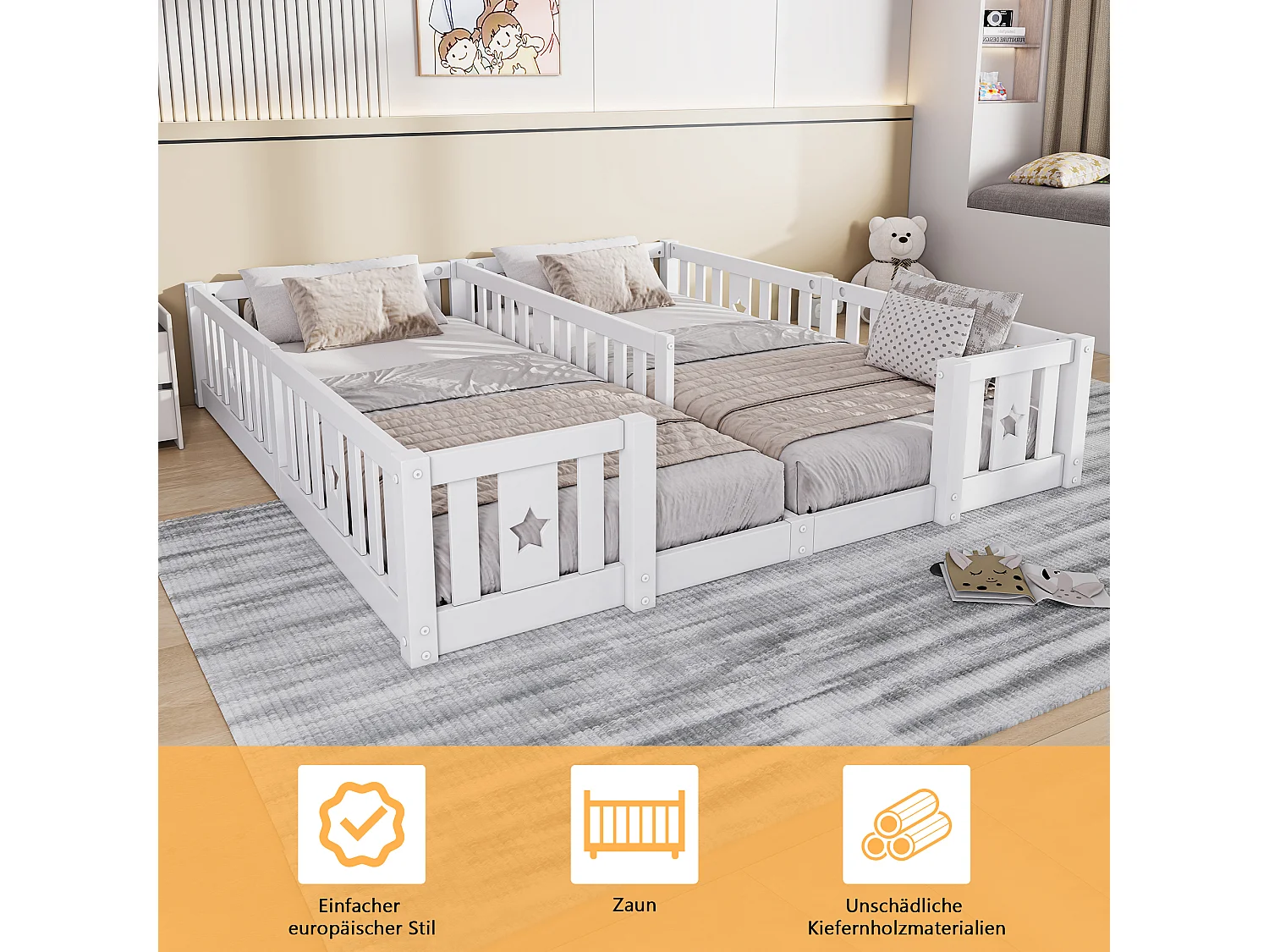 Lit Double 180x200 cm, pour Enfant en Bois Massif de Pin, Lit à Barreaux Étoiles, Lit Cabane, avec Protection Anti-Chute - Blanc