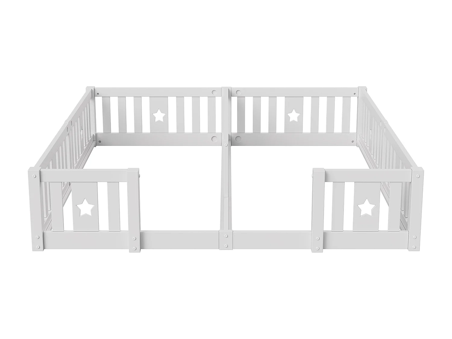Lit Double 180x200 cm, pour Enfant en Bois Massif de Pin, Lit à Barreaux Étoiles, Lit Cabane, avec Protection Anti-Chute - Blanc