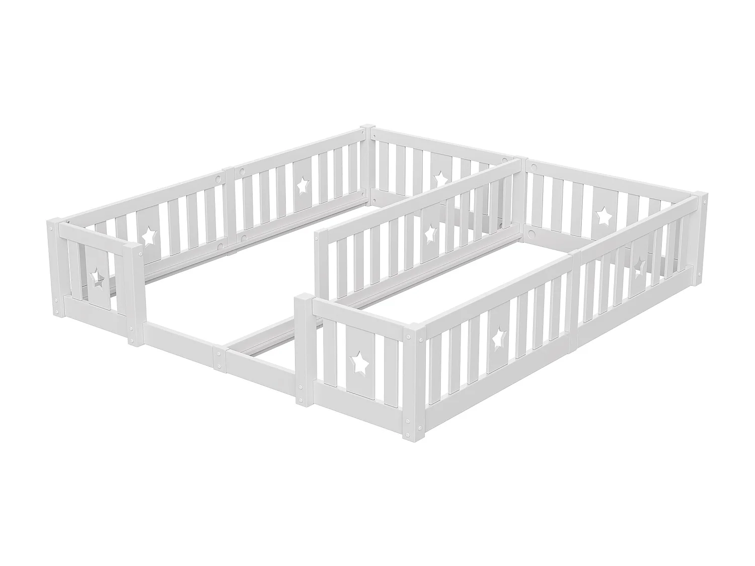 Lit Double 180x200 cm, pour Enfant en Bois Massif de Pin, Lit à Barreaux Étoiles, Lit Cabane, avec Protection Anti-Chute - Blanc