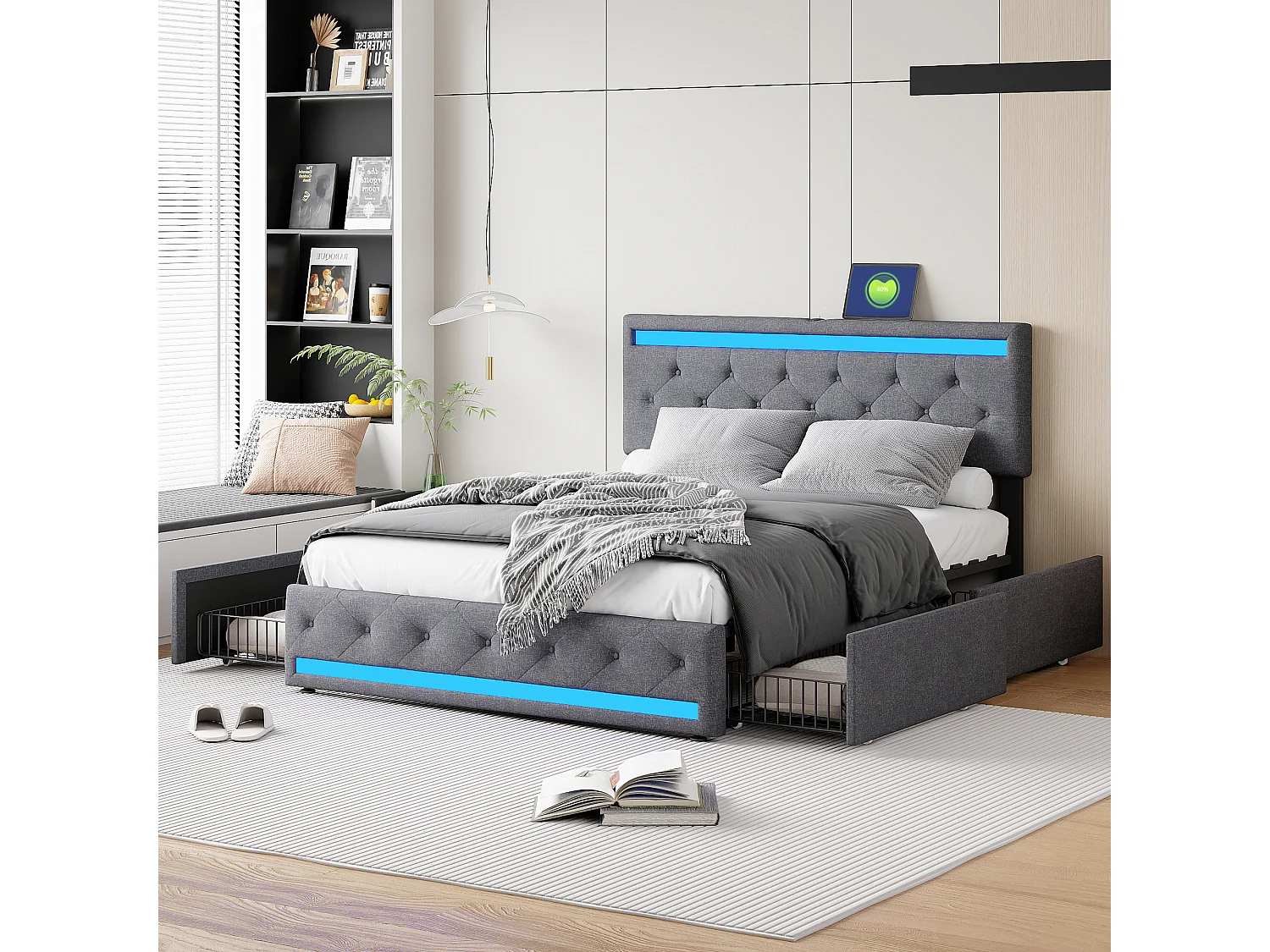 Lit 160x200 avec tiroirs – Tissu en lin gris foncé – Éclairage LED réglable – Ports USB&Type-C pour recharge – 4 grands tiroirs de rangement