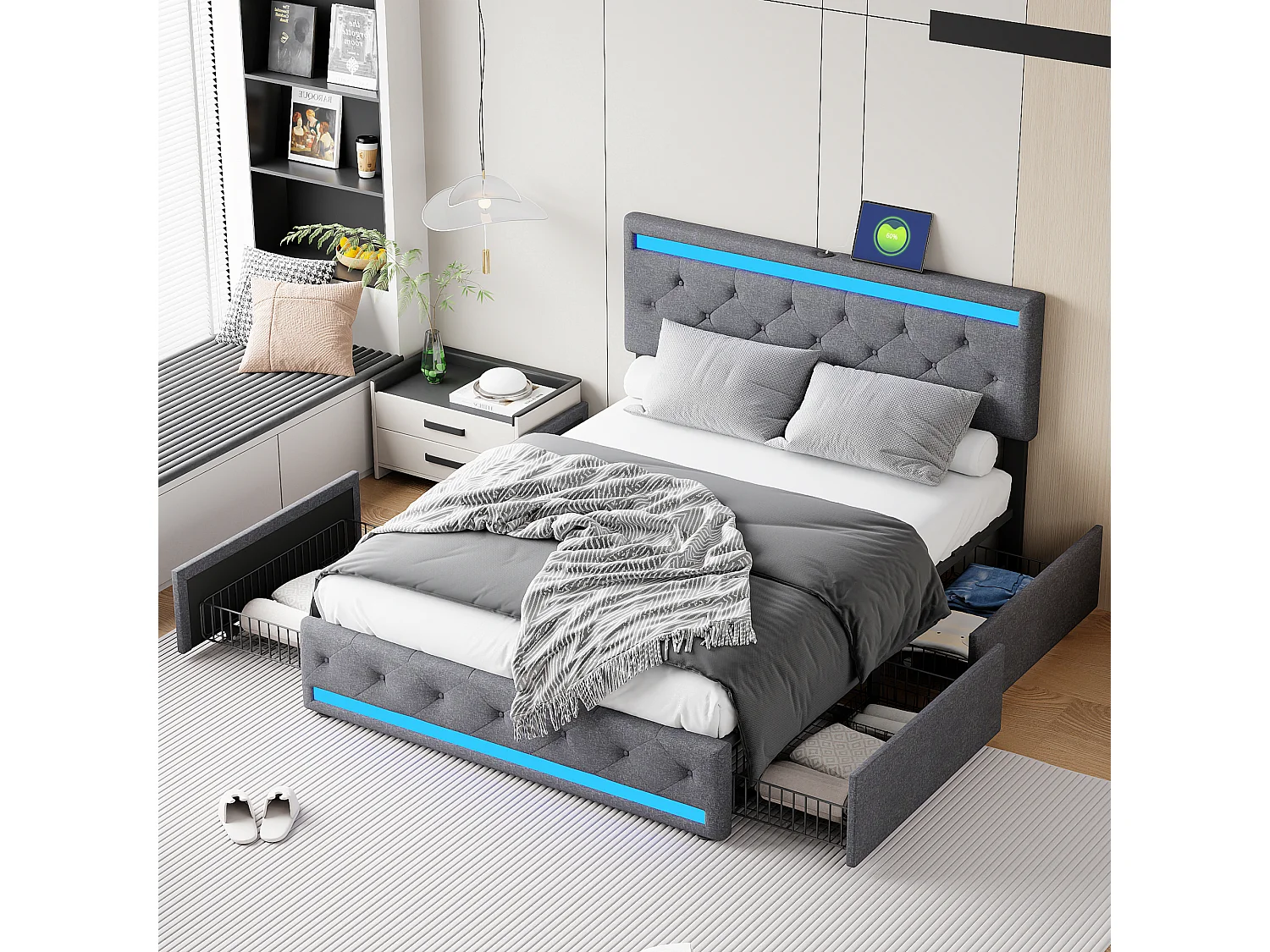 Lit 160x200 avec tiroirs – Tissu en lin gris foncé – Éclairage LED réglable – Ports USB&Type-C pour recharge – 4 grands tiroirs de rangement