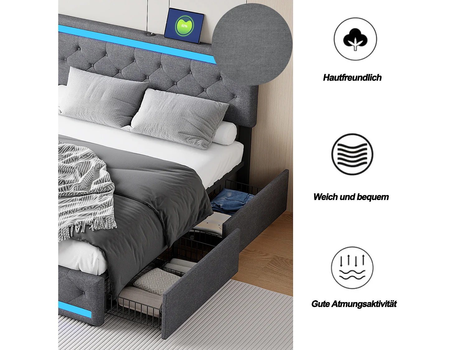 Lit 160x200 avec tiroirs – Tissu en lin gris foncé – Éclairage LED réglable – Ports USB&Type-C pour recharge – 4 grands tiroirs de rangement