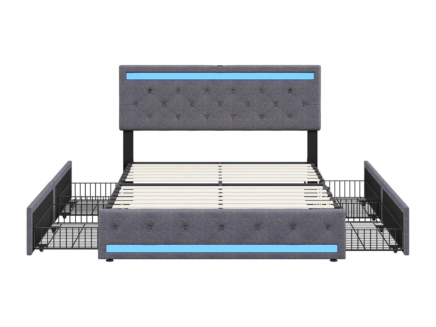 Lit 160x200 avec tiroirs – Tissu en lin gris foncé – Éclairage LED réglable – Ports USB&Type-C pour recharge – 4 grands tiroirs de rangement