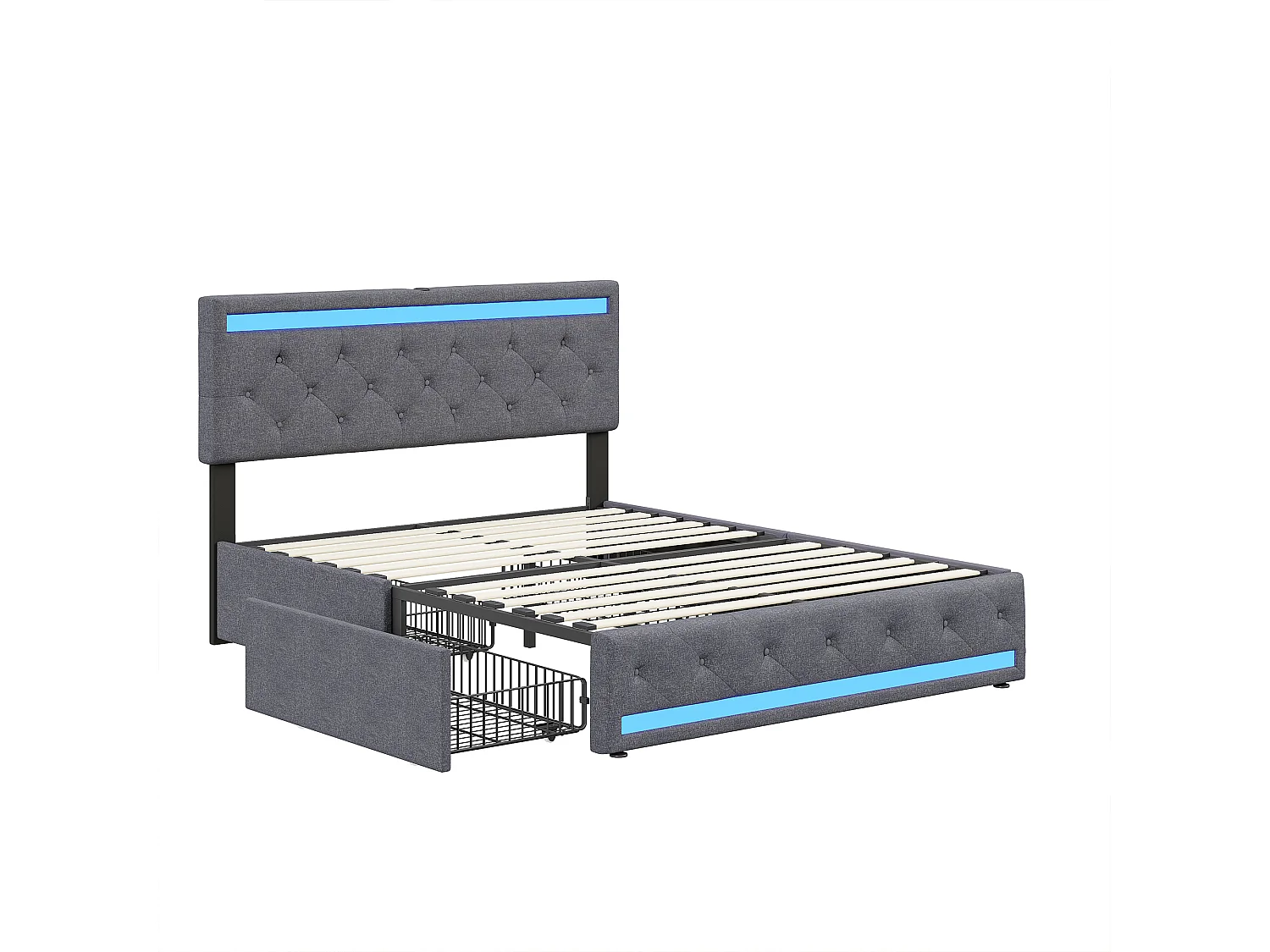 Lit 160x200 avec tiroirs – Tissu en lin gris foncé – Éclairage LED réglable – Ports USB&Type-C pour recharge – 4 grands tiroirs de rangement