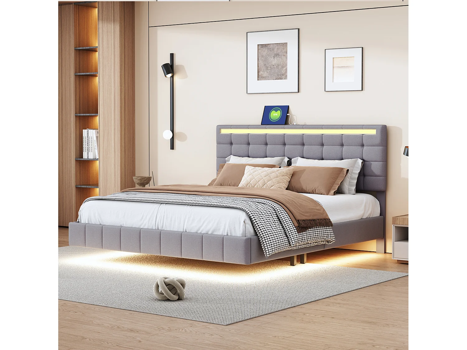 Lit 160 X 200 Cm-Avec Tête De Lit Réglable-Éclairage LED-En Lin-Gris