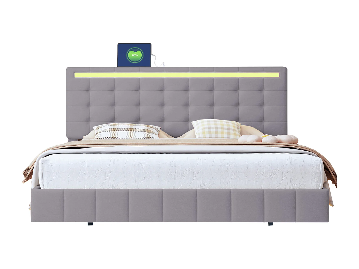 Lit 160 X 200 Cm-Avec Tête De Lit Réglable-Éclairage LED-En Lin-Gris