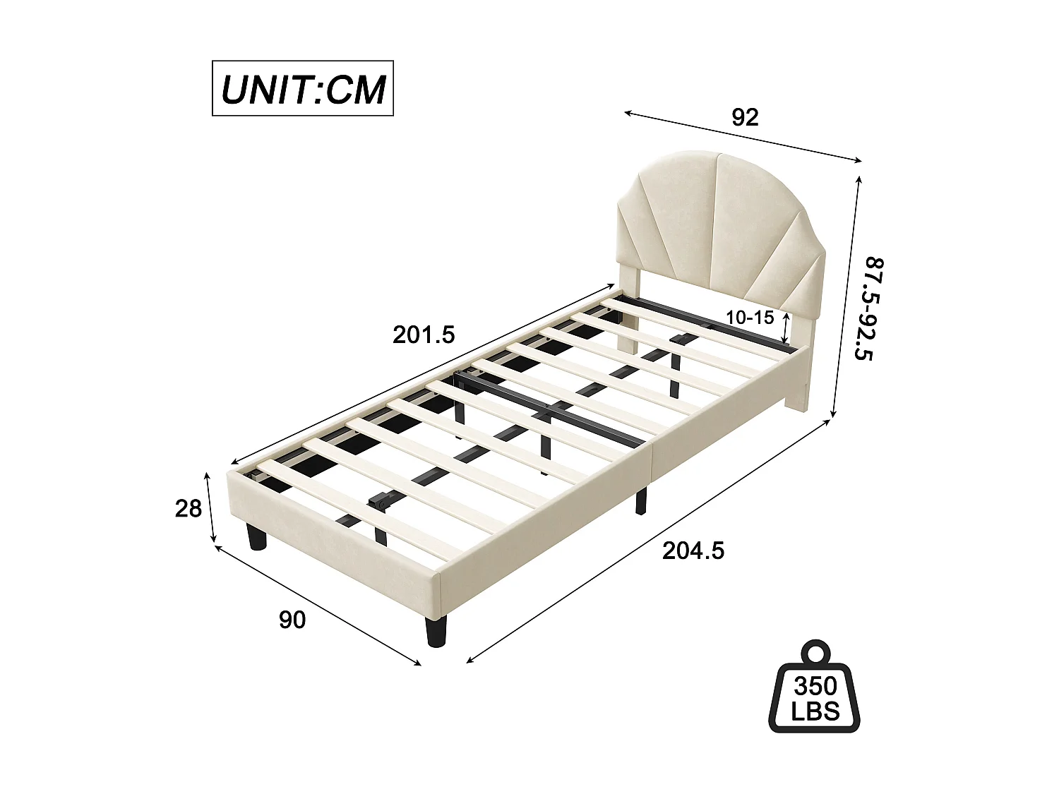 Lit enfant 90x200 cm,lit rembourré simple avec sommier à lattes,tête de lit réglable en hauteur,tissu en velours,beige