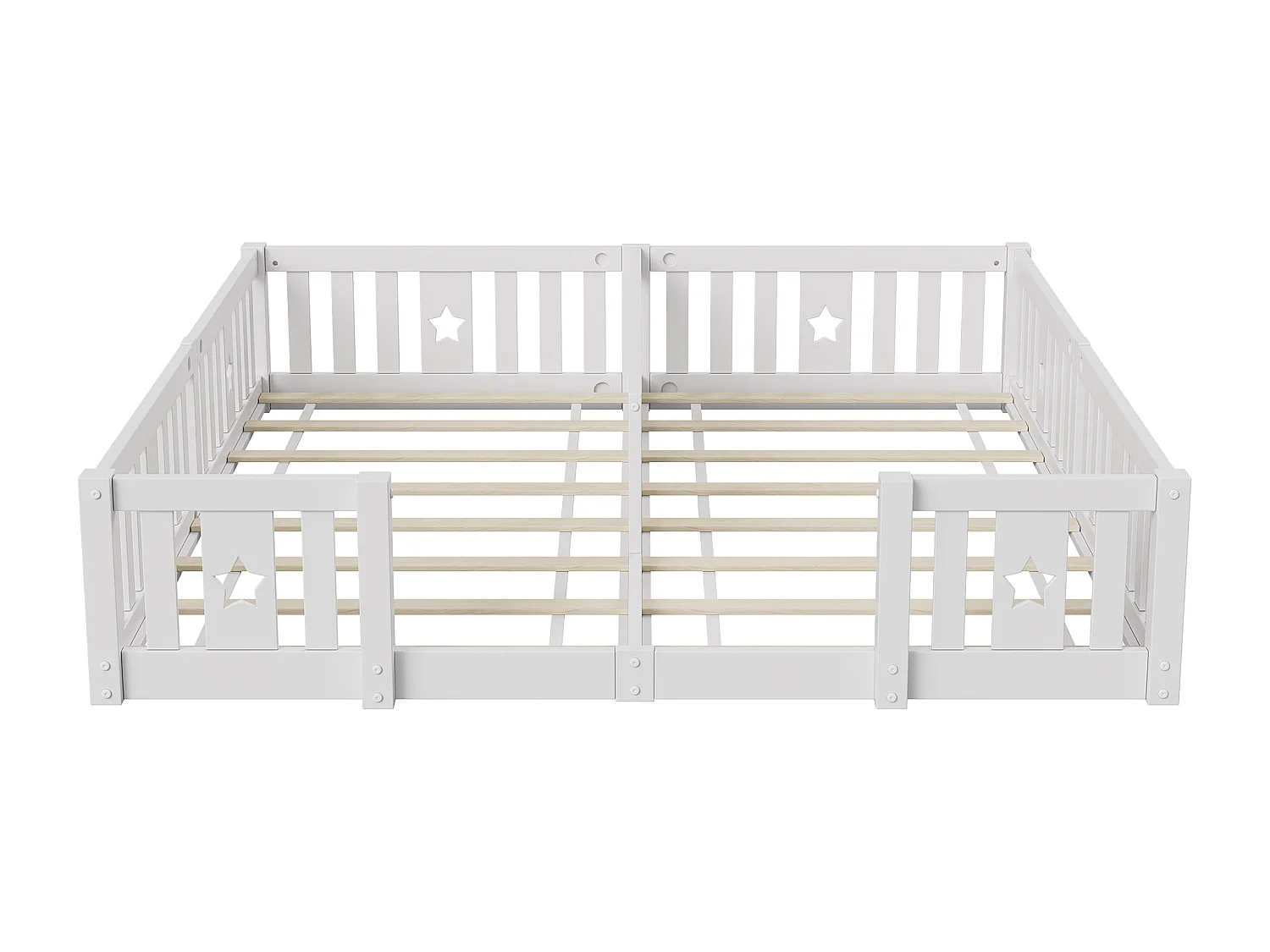 Lit Double 180x200 cm, pour Enfant en Bois Massif de Pin, Lit à Barreaux Étoiles, Lit Caban, avec Protection Anti-Chute et Sommier à Lattes - Blanc