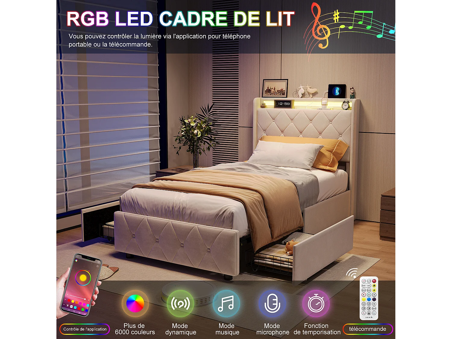 Lit 90x200 cm - avec 2 tiroirs - chargement USB et Type-C - éclairage LED - tables de chevet avec rangement - cloisons ouvertes - sommier à lattes - Beige