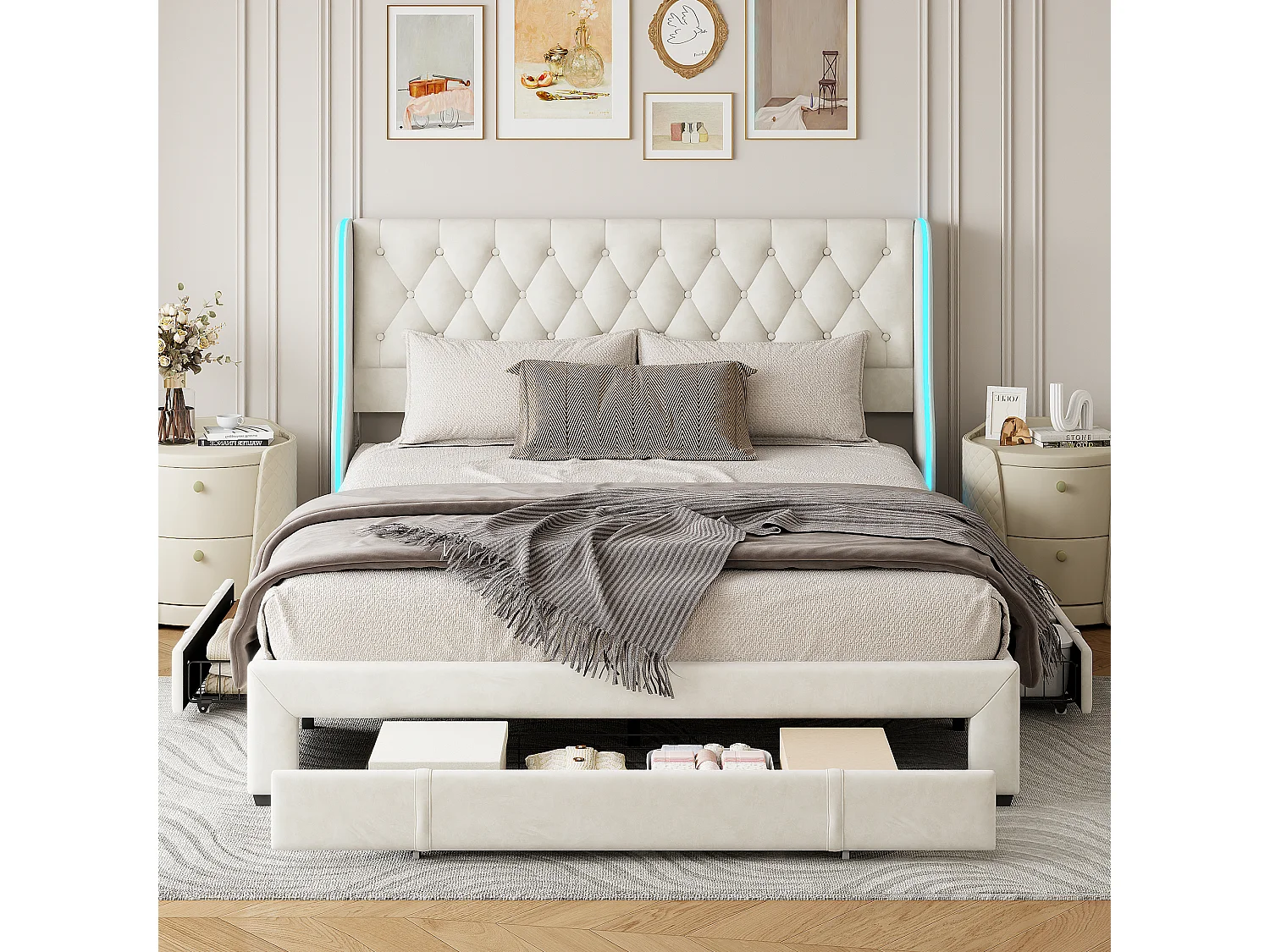 Gestoffeerd bed 160×200 cm met ledverlichting, 3 lades en bedframe – Beige fluweel