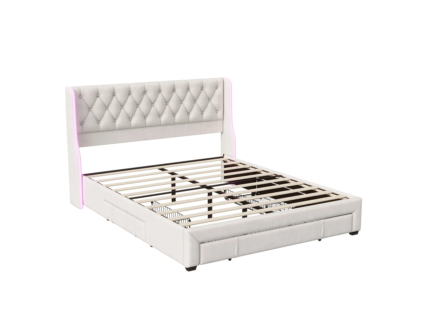 Gestoffeerd bed 160×200 cm met ledverlichting, 3 lades en bedframe – Beige fluweel