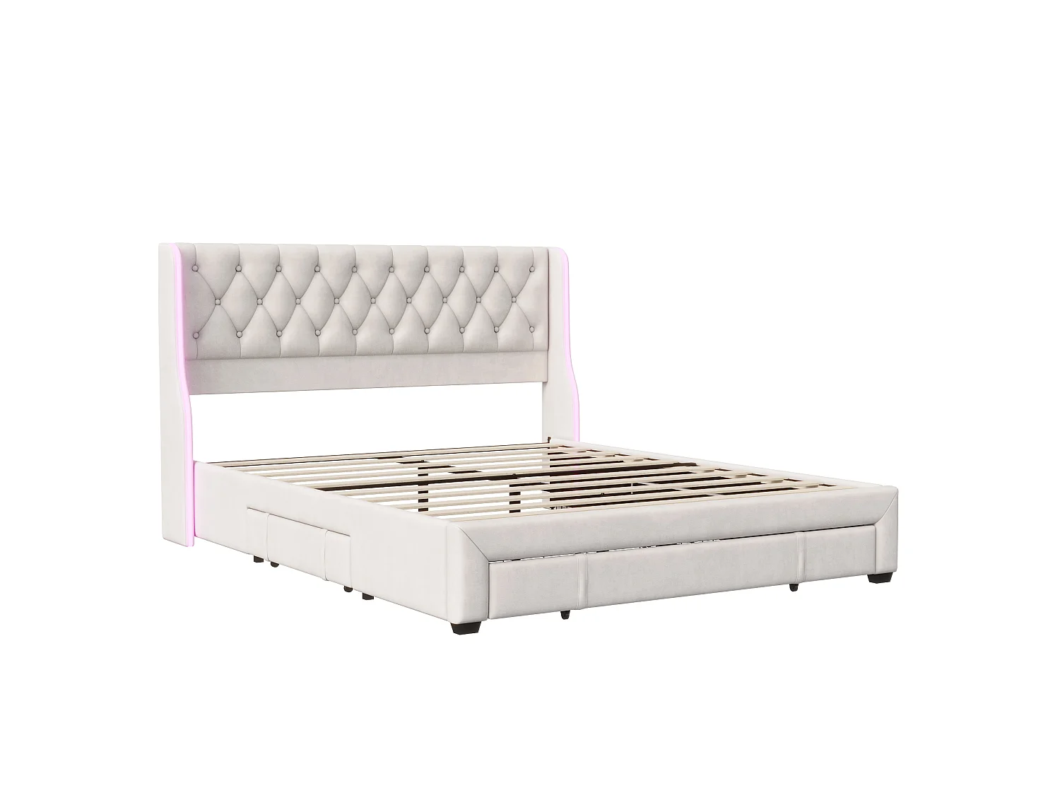 Gestoffeerd bed 160×200 cm met ledverlichting, 3 lades en bedframe – Beige fluweel