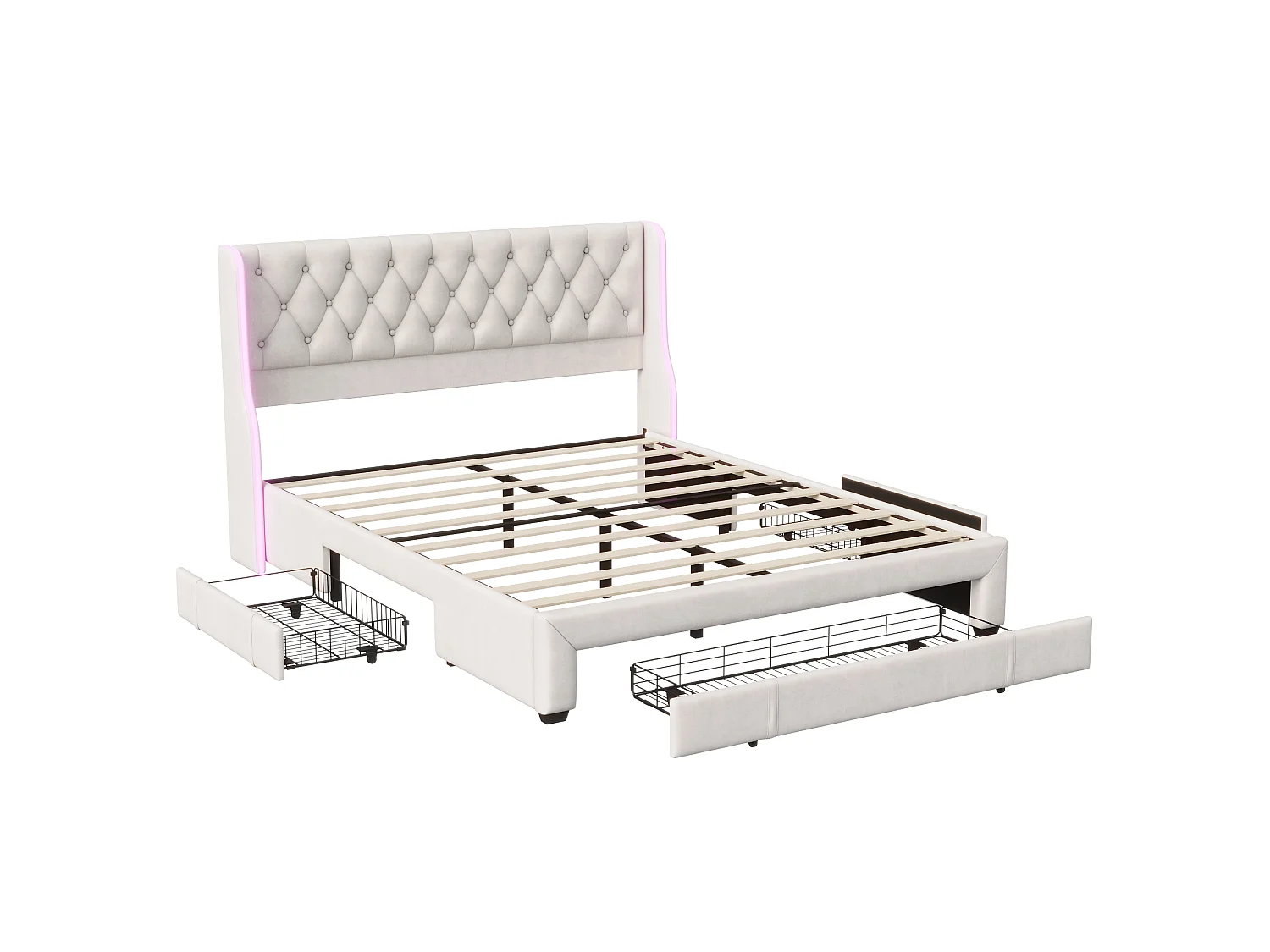 Gestoffeerd bed 160×200 cm met ledverlichting, 3 lades en bedframe – Beige fluweel