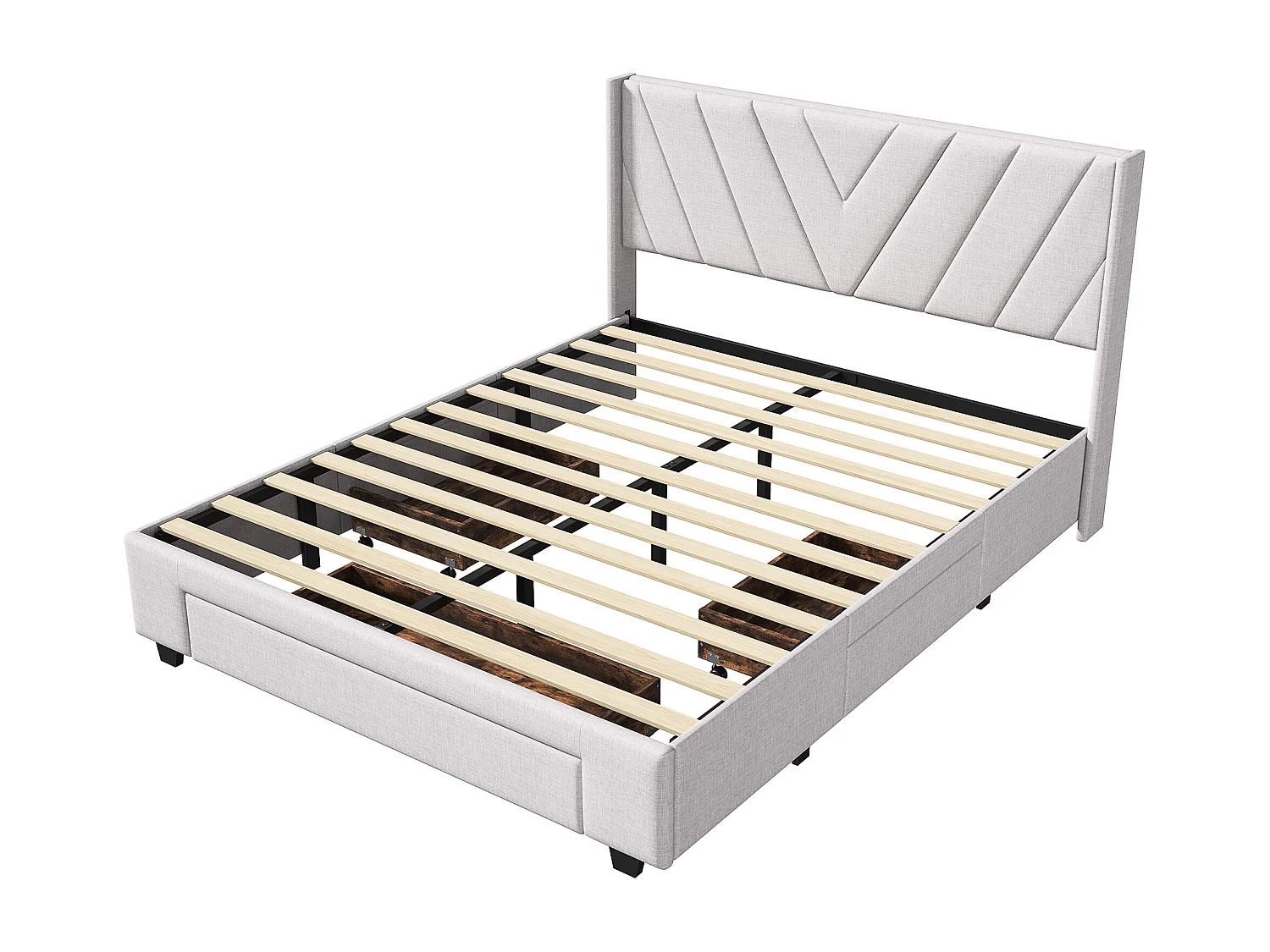 Lit 140×200 cm capitonné avec sommier à lattes et tiroirs – Lin beige, lit double