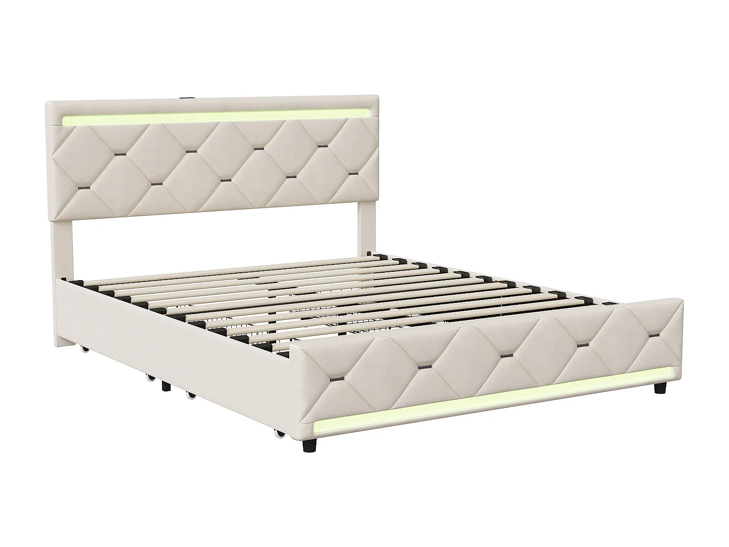 Lit Double 140x190 cm - Velours Blanc - 4 Tiroirs - Bandes LED RGB - Ports USB/Type-C