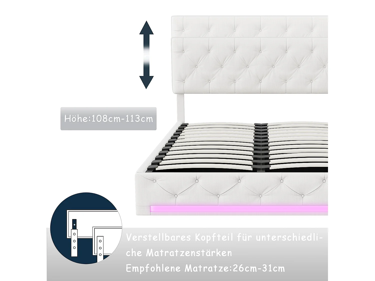 Lit 160x200cm -cadre de lit adulte Espace de Rangement -Eéclairage LED et tête de lit relevable -Sommier à Lattes, Beige
