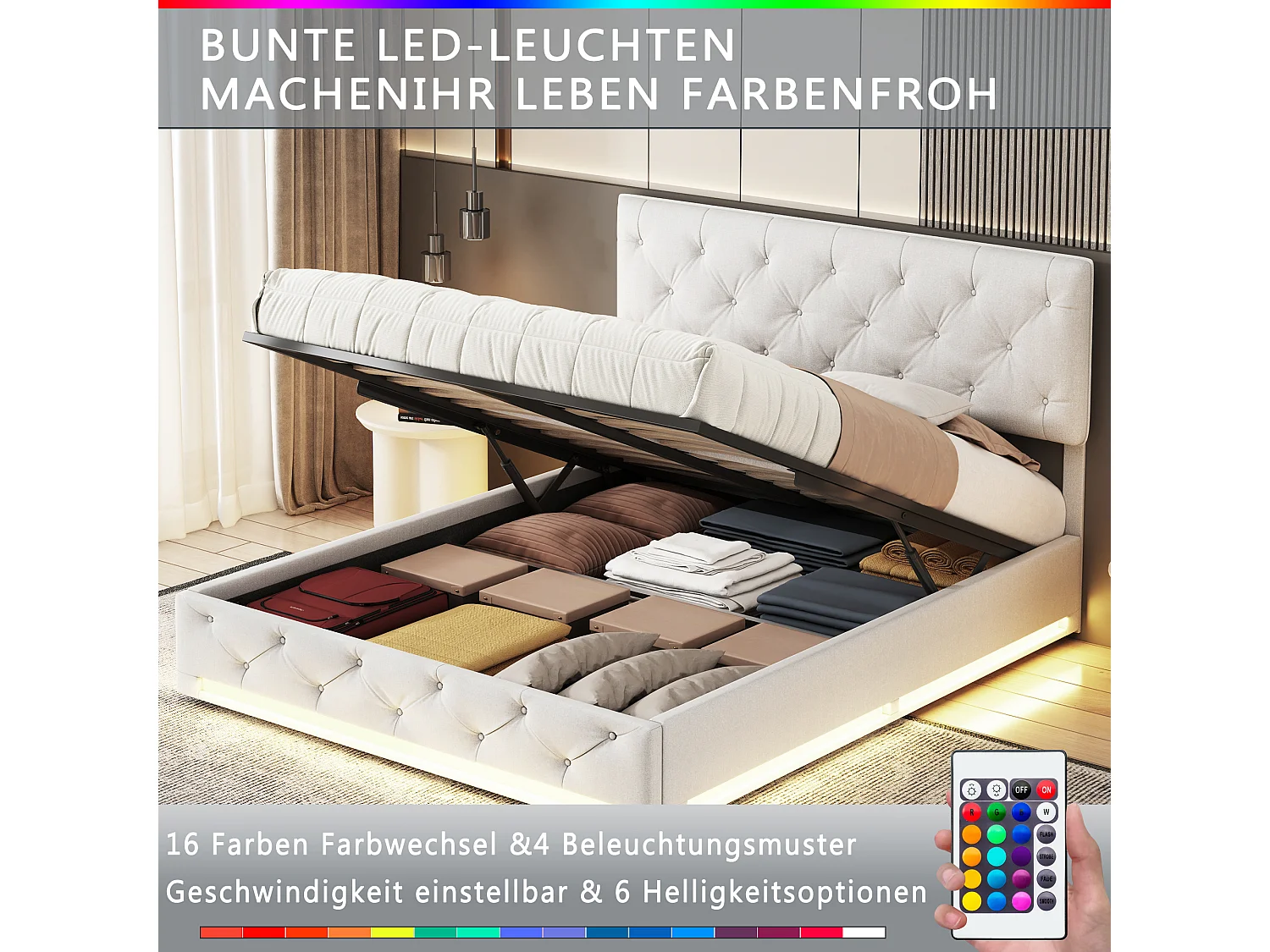 Lit 160x200cm -cadre de lit adulte Espace de Rangement -Eéclairage LED et tête de lit relevable -Sommier à Lattes, Beige