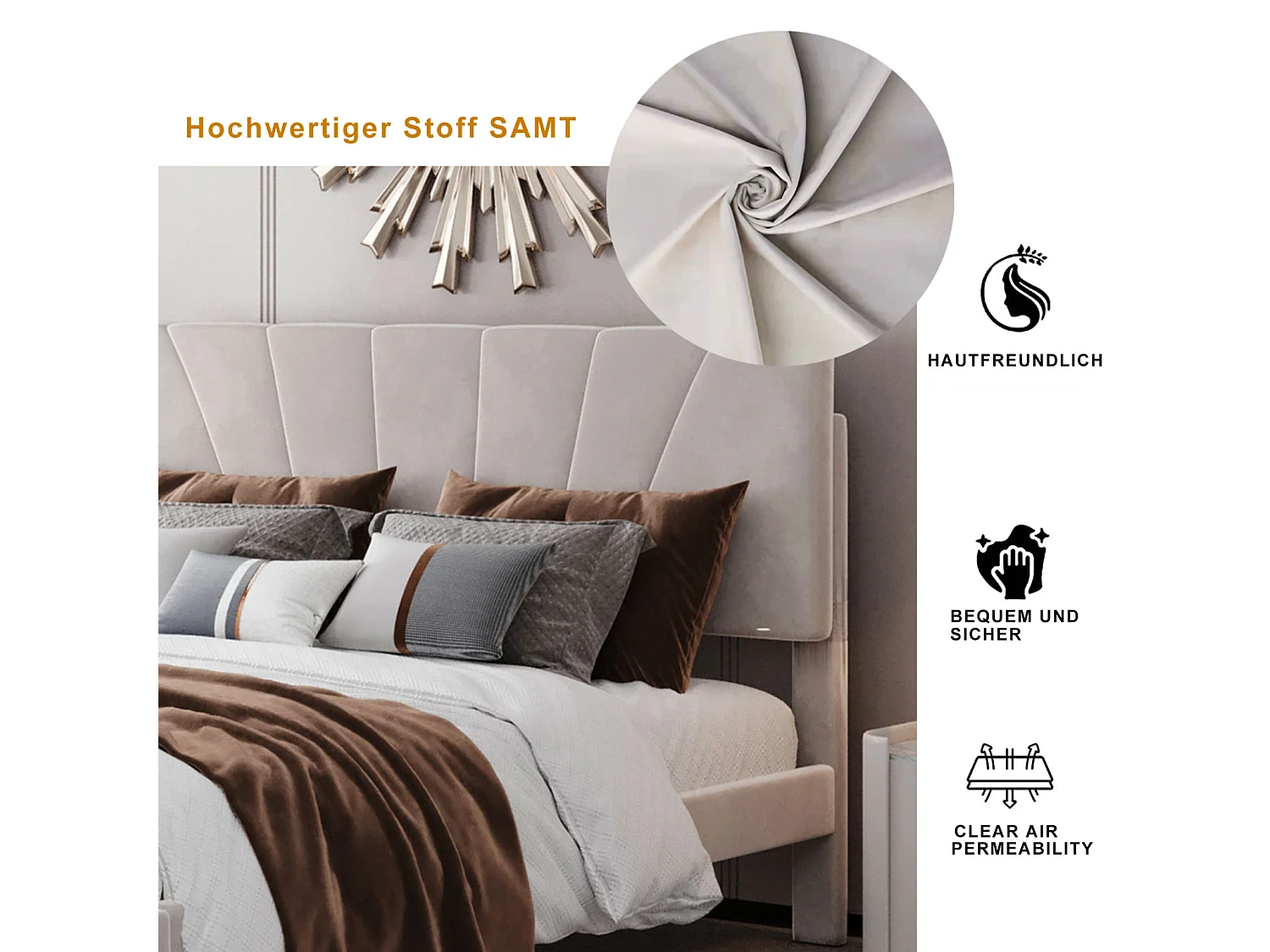 Gestoffeerd bed 140×200 cm met lattenbodem en grote lade – Beige fluweel