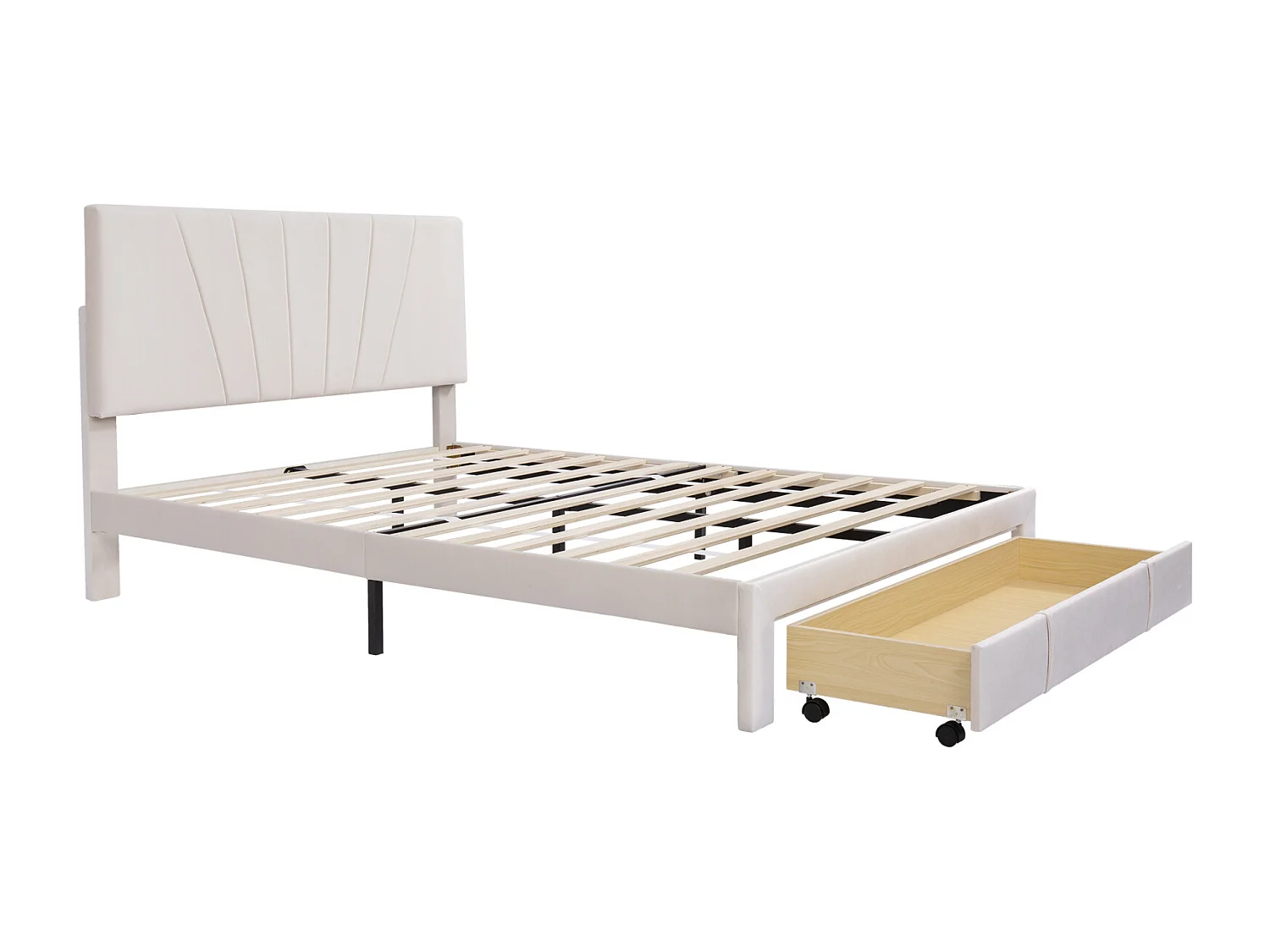 Gestoffeerd bed 140×200 cm met lattenbodem en grote lade – Beige fluweel